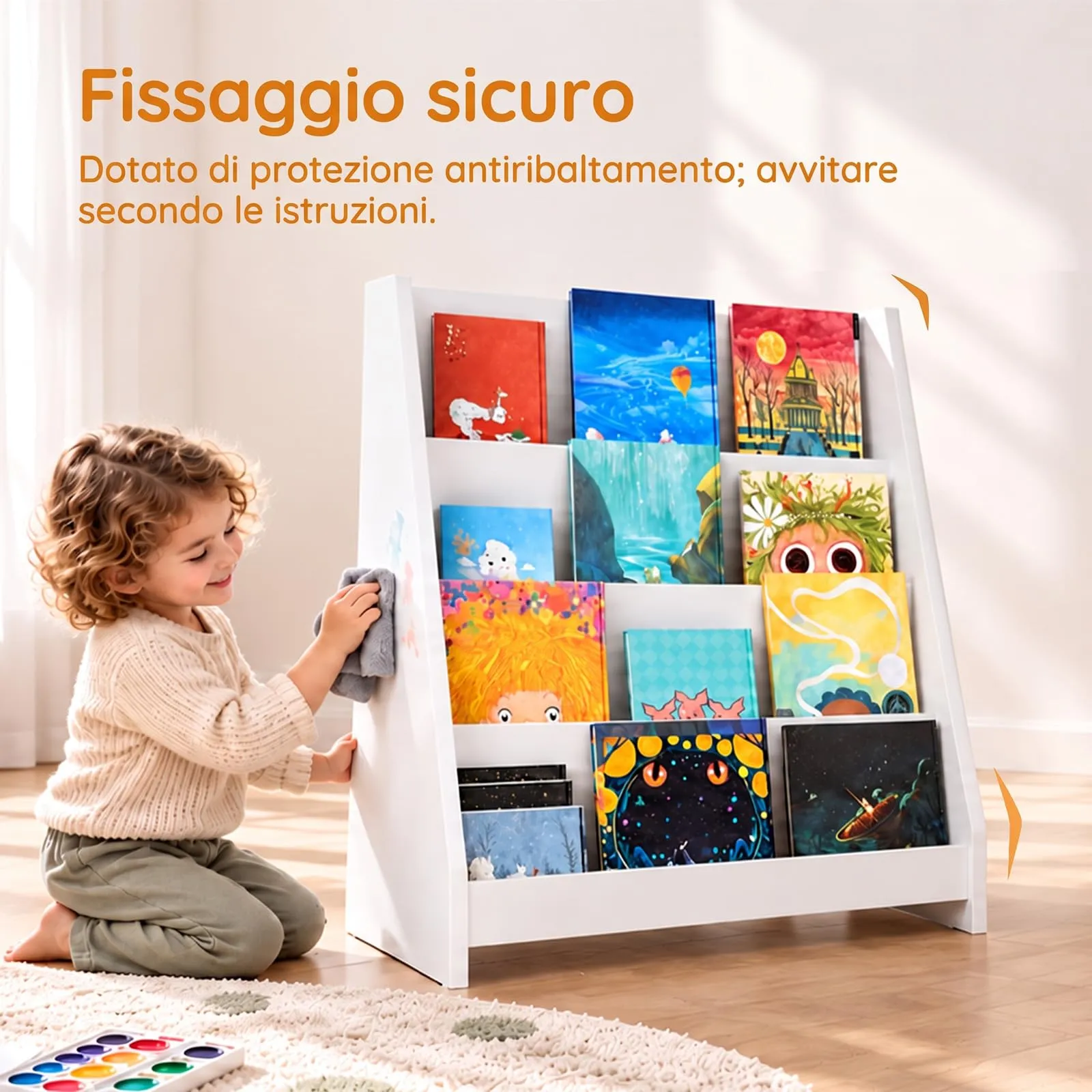 SoBuy Libreria Montessori Bianca, 80cm, 4 Piani, Angoli Tondi, Antiribaltamento - immagine 8