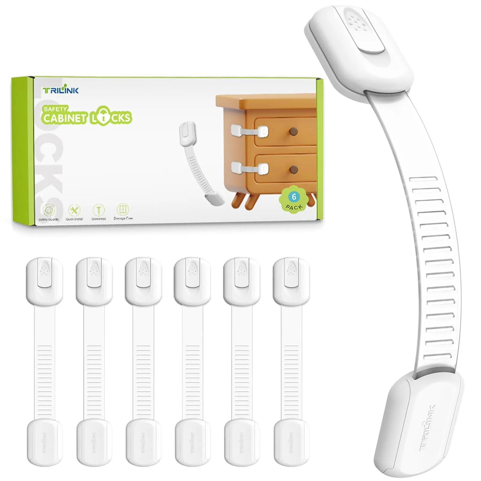 TRILINK Blocca Cassetti per Bambini, Pacco da 6 Chiusure di Sicurezza Regolabili per Armadi, Sportelli, Frigorifero, Forni e WC, Bianco Classico - immagine 1