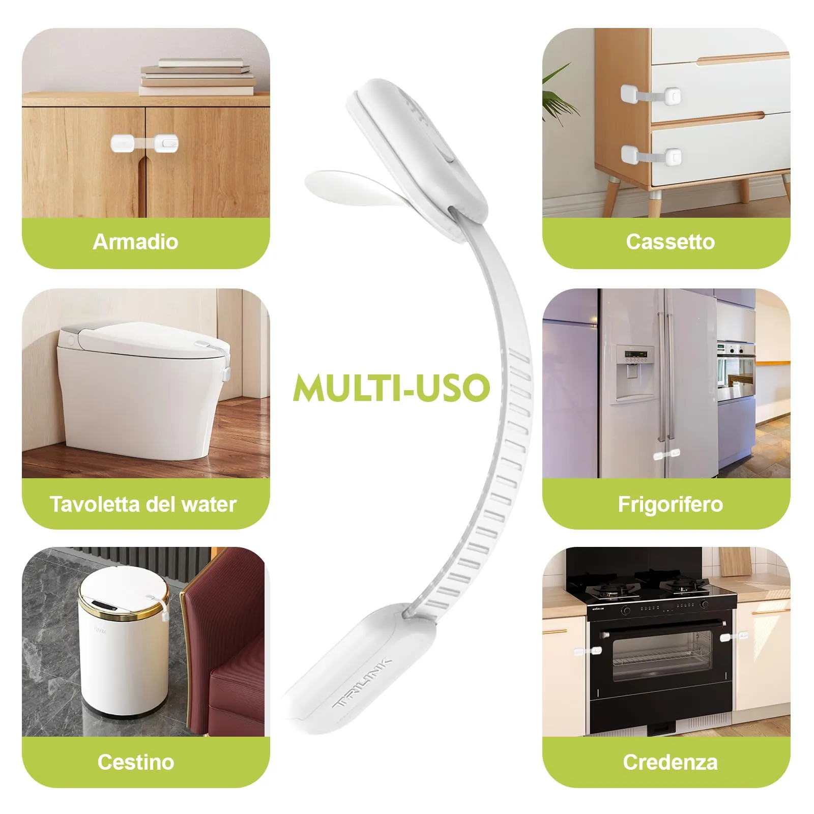 TRILINK Blocca Cassetti per Bambini, Pacco da 6 Chiusure di Sicurezza Regolabili per Armadi, Sportelli, Frigorifero, Forni e WC, Bianco Classico - immagine 3