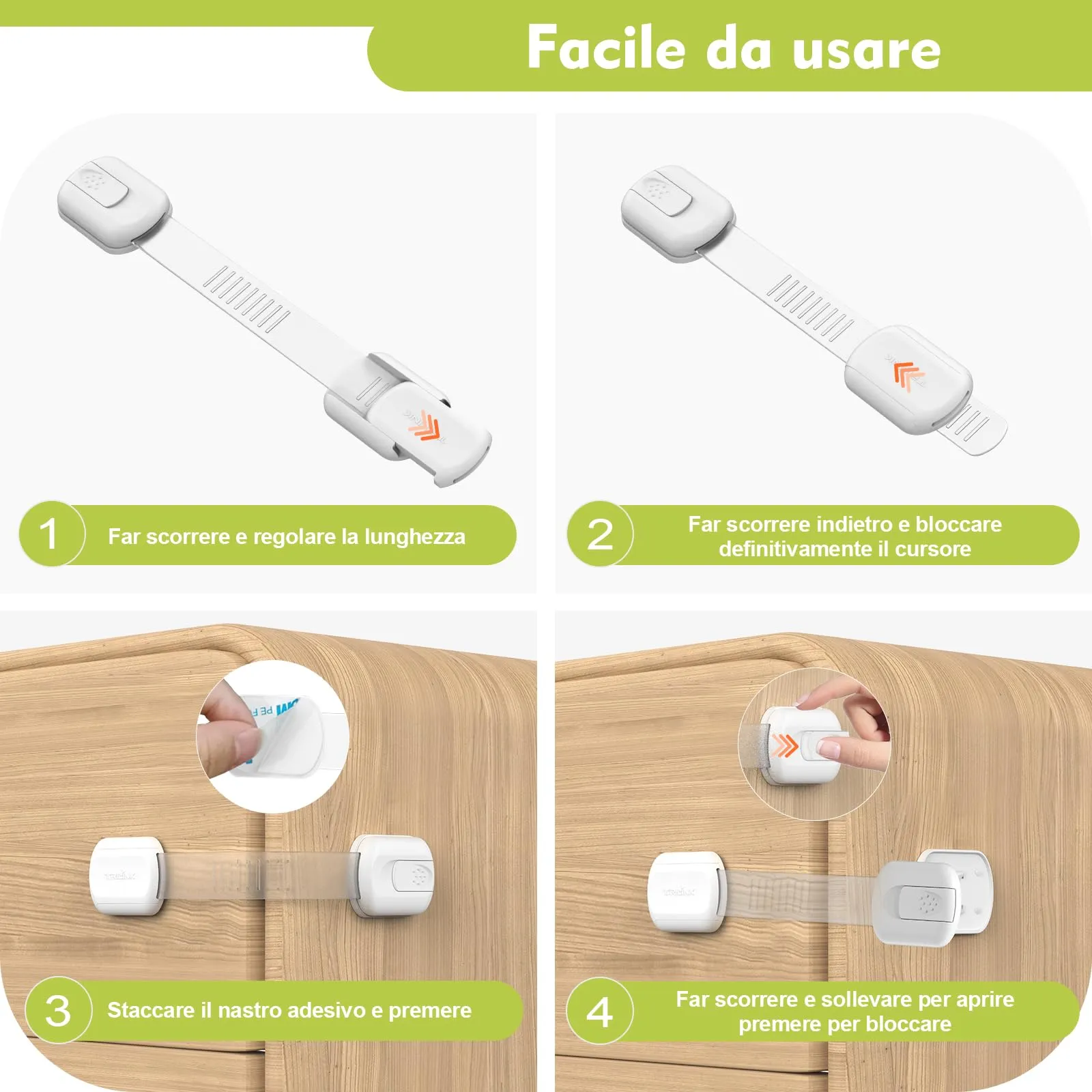 TRILINK Blocca Cassetti per Bambini, Pacco da 6 Chiusure di Sicurezza Regolabili per Armadi, Sportelli, Frigorifero, Forni e WC, Bianco Classico - immagine 6