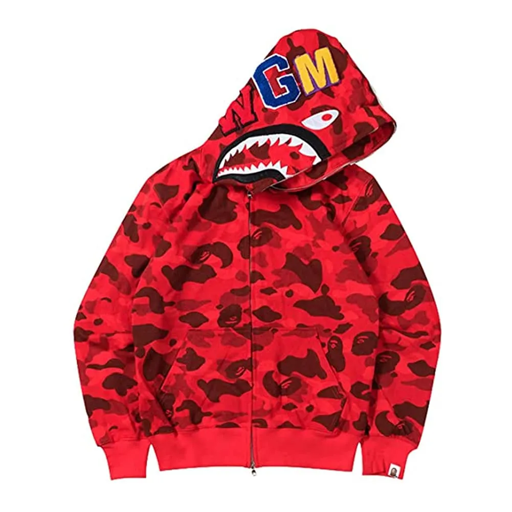 LIAOPUFUS Uomo Felpa con Cappuccio 3D Shark Zip-up Mimetica, Rosso Destra, L - immagine 1