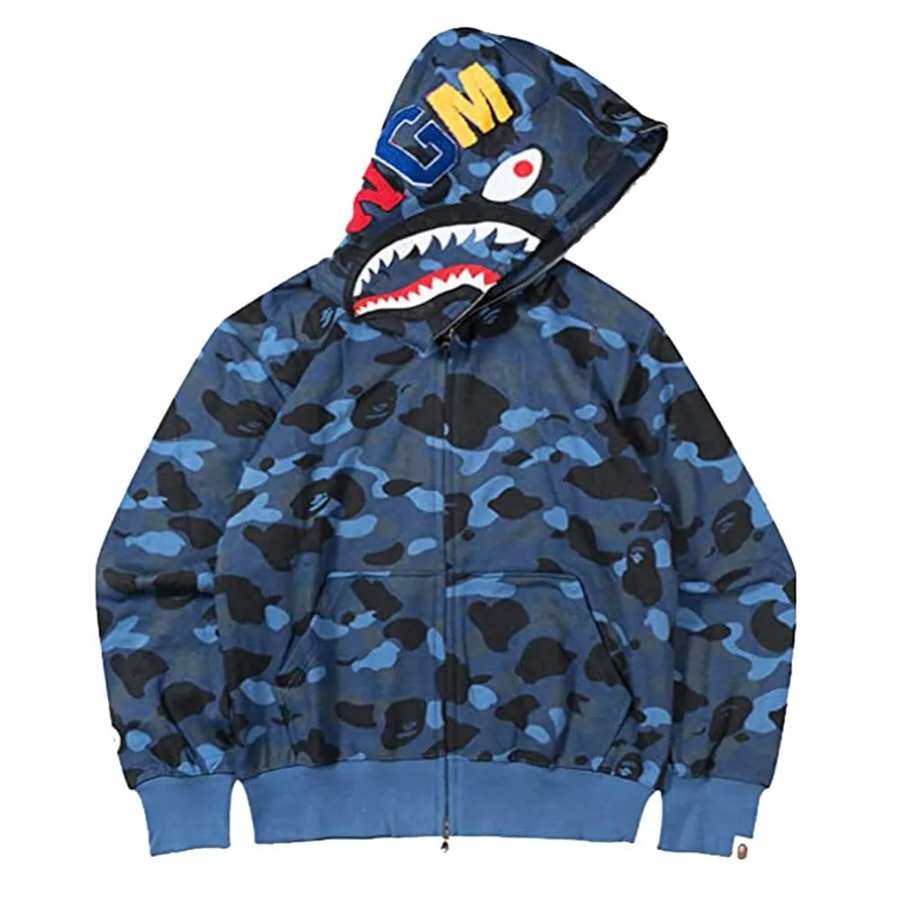 LIAOPUFUS Uomo Felpa con Cappuccio 3D Stampato Shark con Cerniera, Mimetica, Blu Destra, M - immagine 1