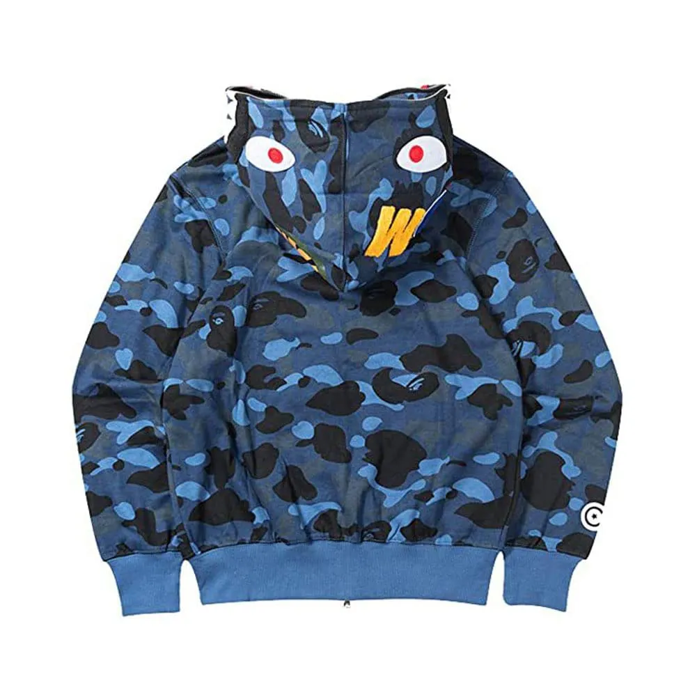 LIAOPUFUS Felpa con Cappuccio Uomo 3D Stampato Shark, Zip, Mimetica, Blu Destra, L - immagine 3