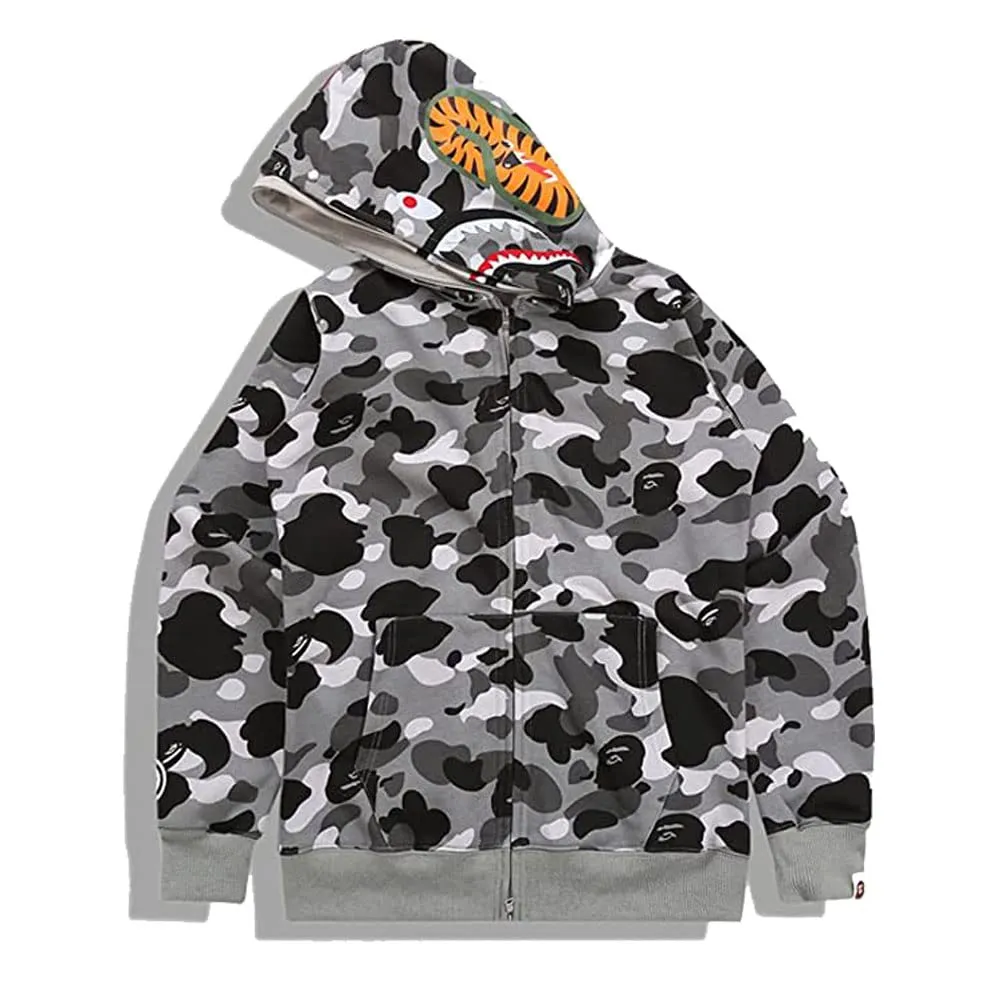 LIAOPUFUS Felpa con Cappuccio Uomo 3D Stampato Shark Mimetica con Cerniera (XL, Grigio e Bianco) - immagine 1