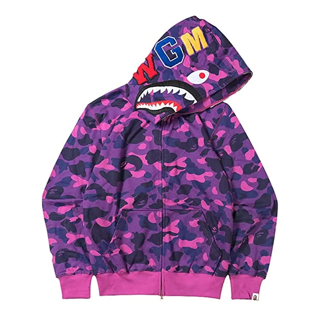 LIAOPUFUS Uomo Felpa con Cappuccio 3D Stampato Shark, Maniche Lunghe con Cerniera, Mimetica, Viola Destra, 2XL - immagine 1