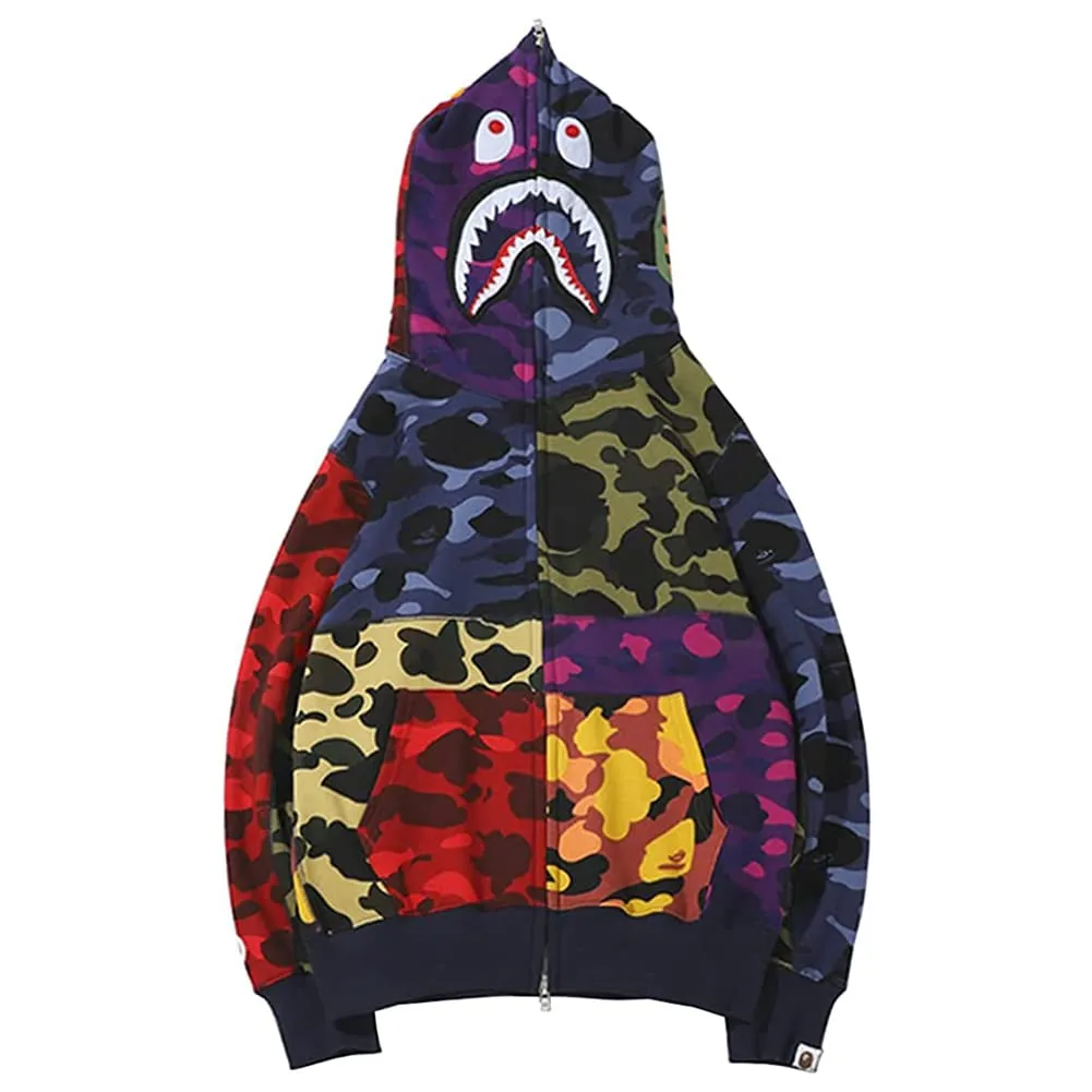 LIAOPUFUS Uomo Felpa con Cappuccio 3D Stampato Shark, Maniche Lunghe, Cerniera, Mimetica, 3XL, 2-Cucitura Multicolore - immagine 1