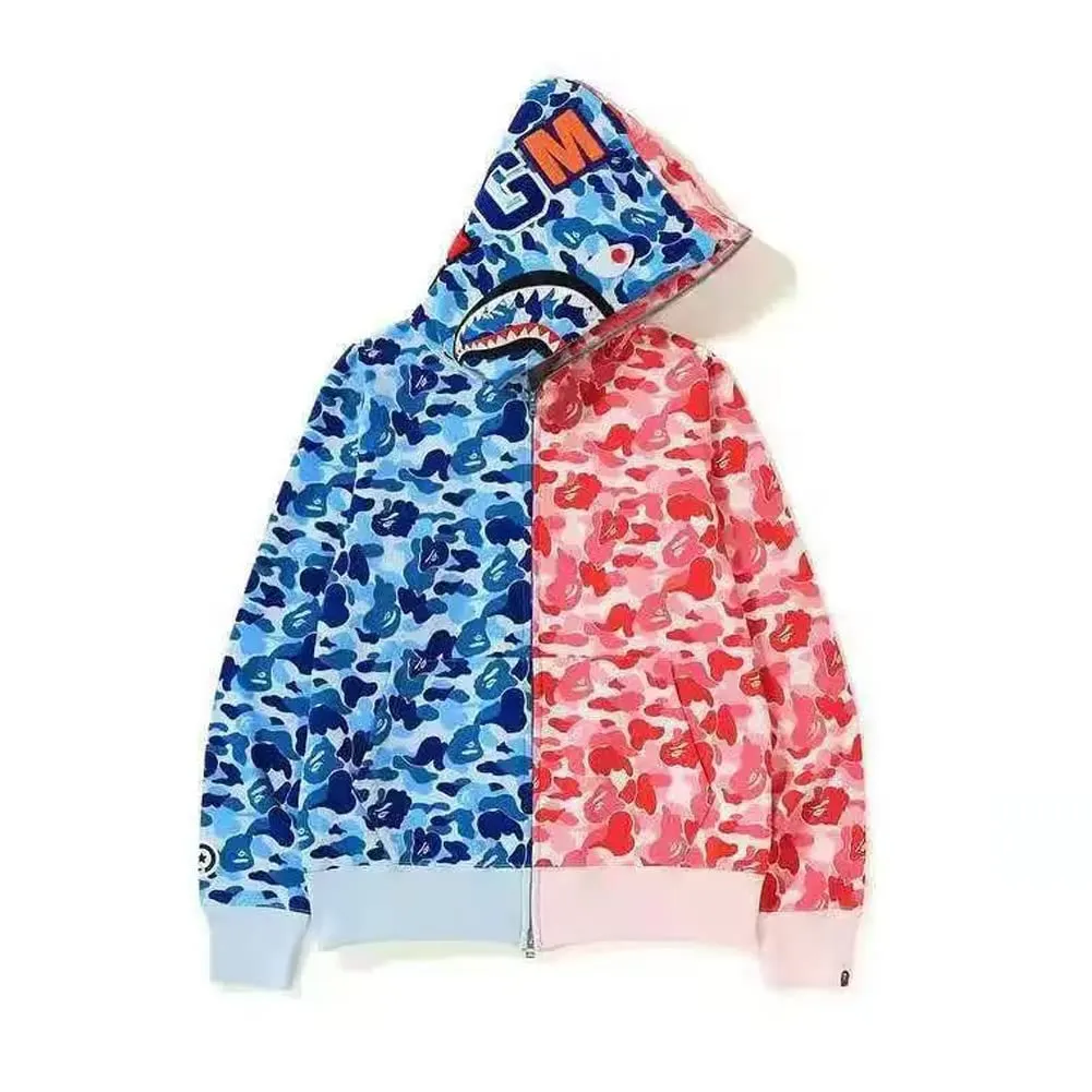 LIAOPUFUS Felpa con Cappuccio Uomo 3D Stampato Shark con Cerniera, Mimetica, Rosa+Blu, M - immagine 1