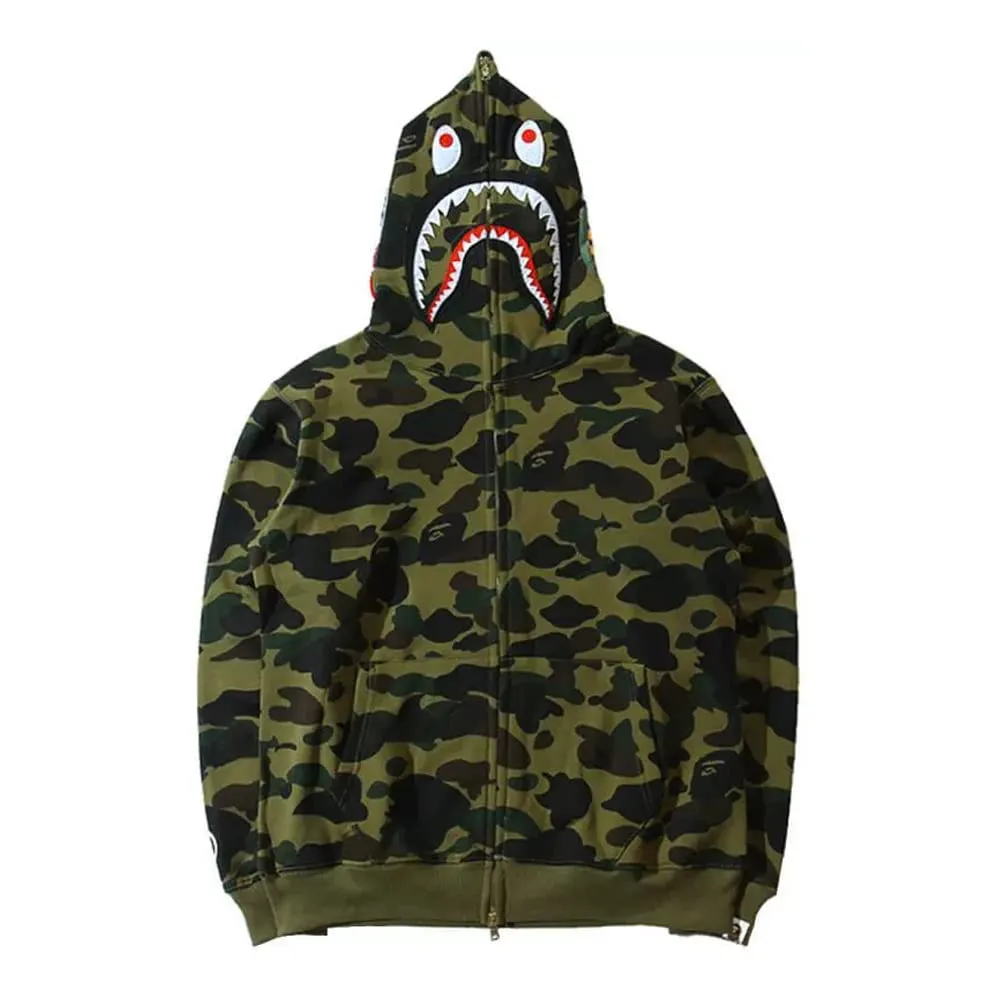 LIAOPUFUS Uomo Felpa con Cappuccio Shark 3D Stampato Zip Mimetica, Verde Militare, 2XL - immagine 1