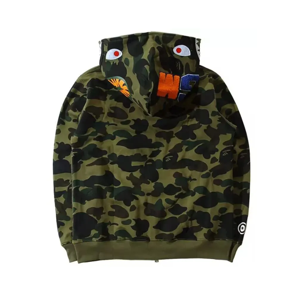 LIAOPUFUS Uomo Felpa con Cappuccio Shark 3D Stampato Zip Mimetica, Verde Militare, 2XL - immagine 3