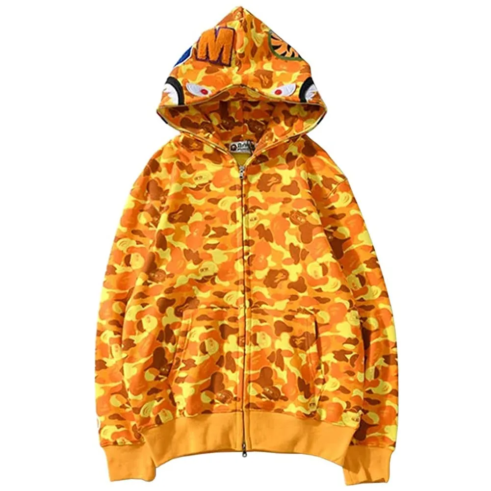 LIAOPUFUS Felpa con Cappuccio Uomo 3D Stampato Shark, Maniche Lunghe con Cerniera, Mimetica, Giallo Arancio, L - immagine 1