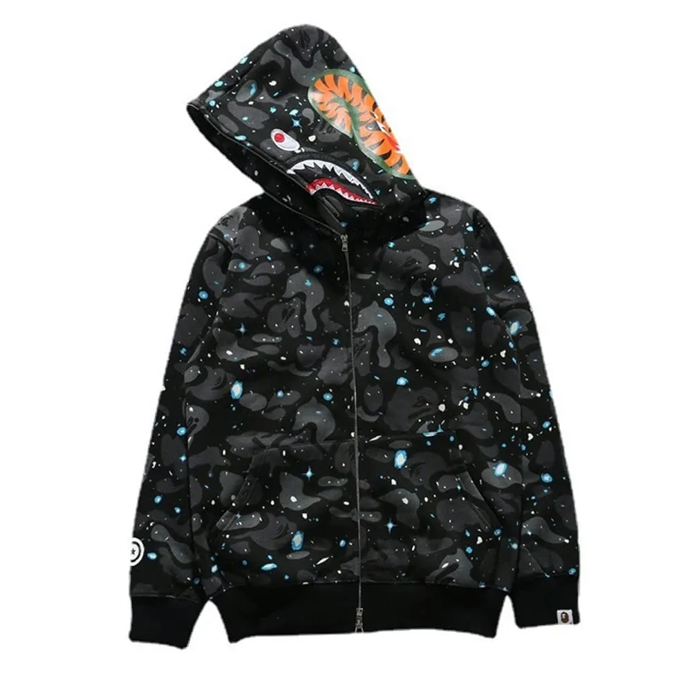 LIAOPUFUS Uomo Felpa con Cappuccio Shark 3D Stampato con Cerniera, Nero Scintillante, S - immagine 1
