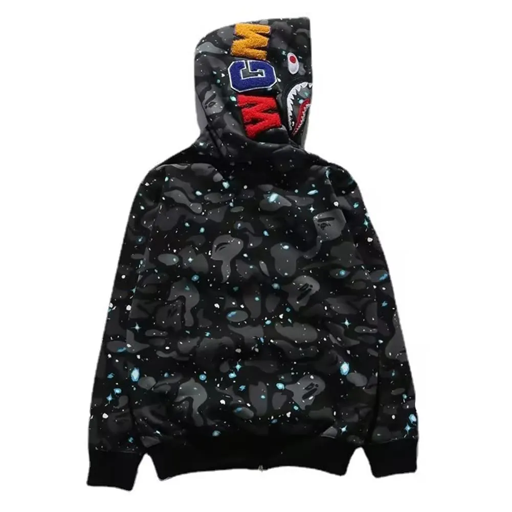 LIAOPUFUS Uomo Felpa con Cappuccio Shark 3D Stampato con Cerniera, Nero Scintillante, S - immagine 3