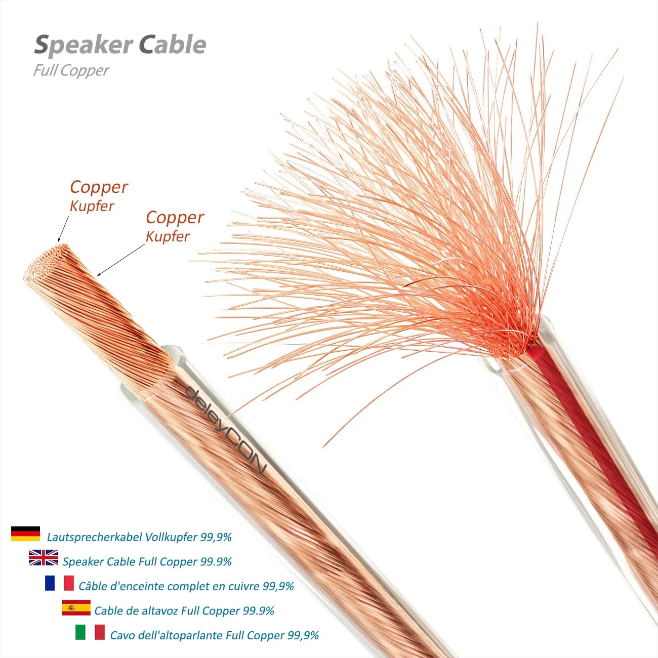 deleyCON 40m Cavo Altoparlante 2x 4,0 mm² OFC Rame Puro MK5830 Trasparente - immagine 2