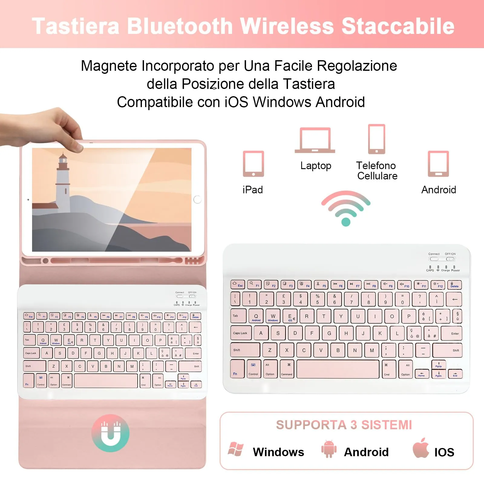 SOPPY Custodia con Tastiera Wireless Staccabile per iPad 9ª/8ª/7ª Generazione, iPad Pro 10.5", iPad Air 3 10.5", Layout Italiano, Rosa - immagine 3
