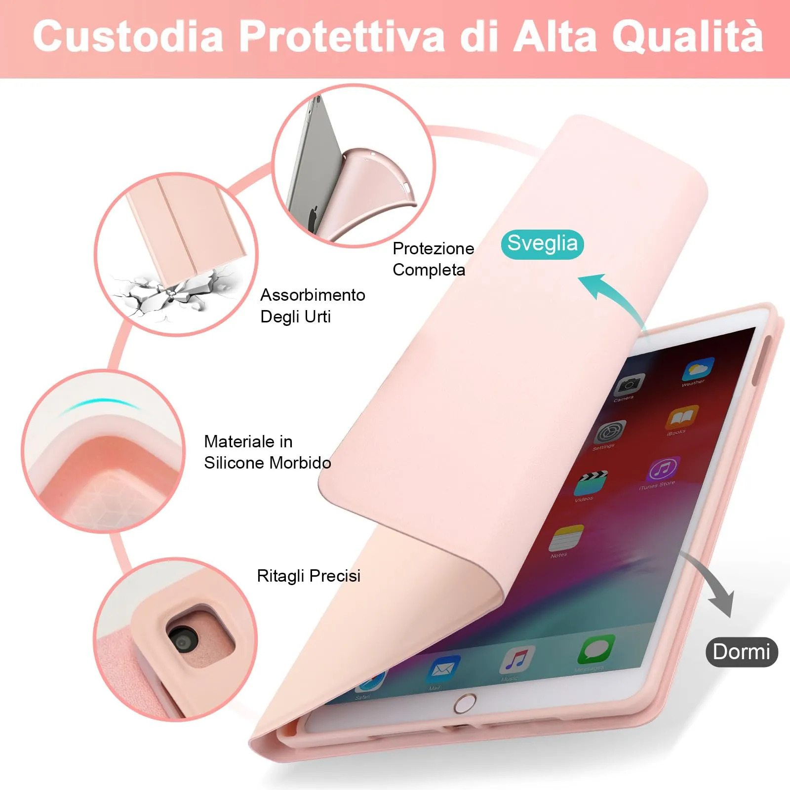 SOPPY Custodia con Tastiera Wireless Staccabile per iPad 9ª/8ª/7ª Generazione, iPad Pro 10.5", iPad Air 3 10.5", Layout Italiano, Rosa - immagine 5