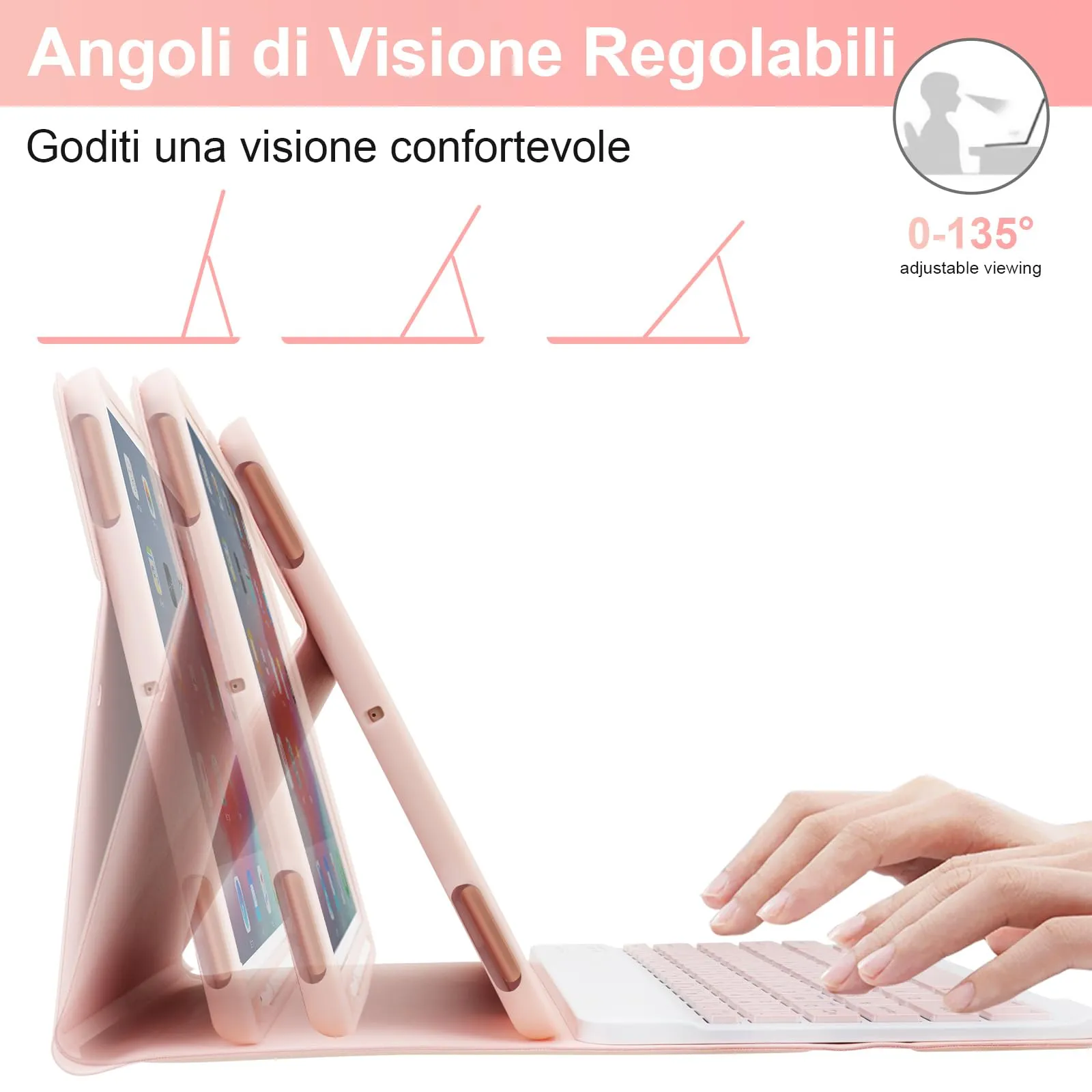 SOPPY Custodia con Tastiera Wireless Staccabile per iPad 9ª/8ª/7ª Generazione, iPad Pro 10.5", iPad Air 3 10.5", Layout Italiano, Rosa - immagine 6