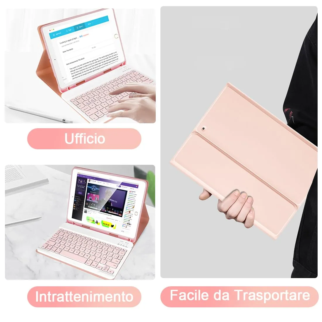 SOPPY Custodia con Tastiera Wireless Staccabile per iPad 9ª/8ª/7ª Generazione, iPad Pro 10.5", iPad Air 3 10.5", Layout Italiano, Rosa - immagine 7