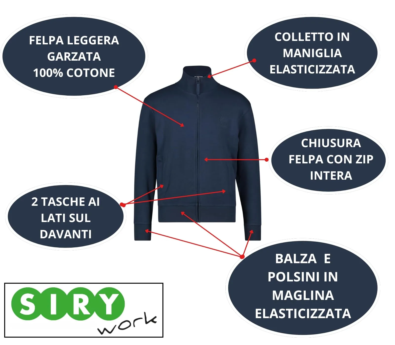 Siry Work Be Board Felpa Leggera Art. 9114 in Cotone con Tasche e Zip Intera - L - Cobalto - immagine 2