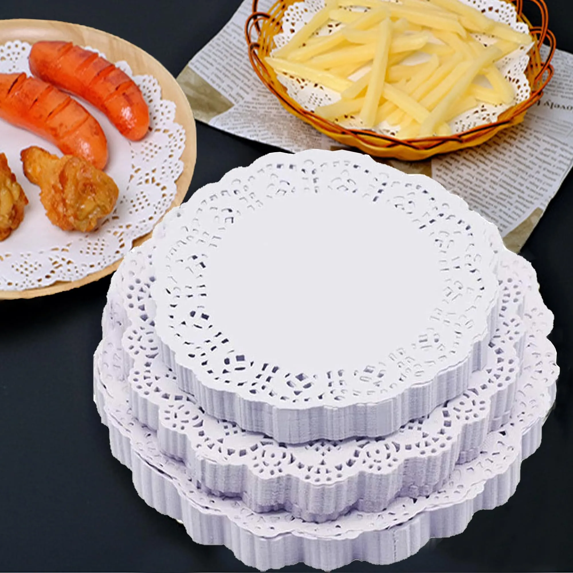 DXIA Carta in pizzo bianca rotonda per torte, 300 pezzi, 3 misure (4,5 pollici, 6,5 pollici, 8,5 pollici) - immagine 1
