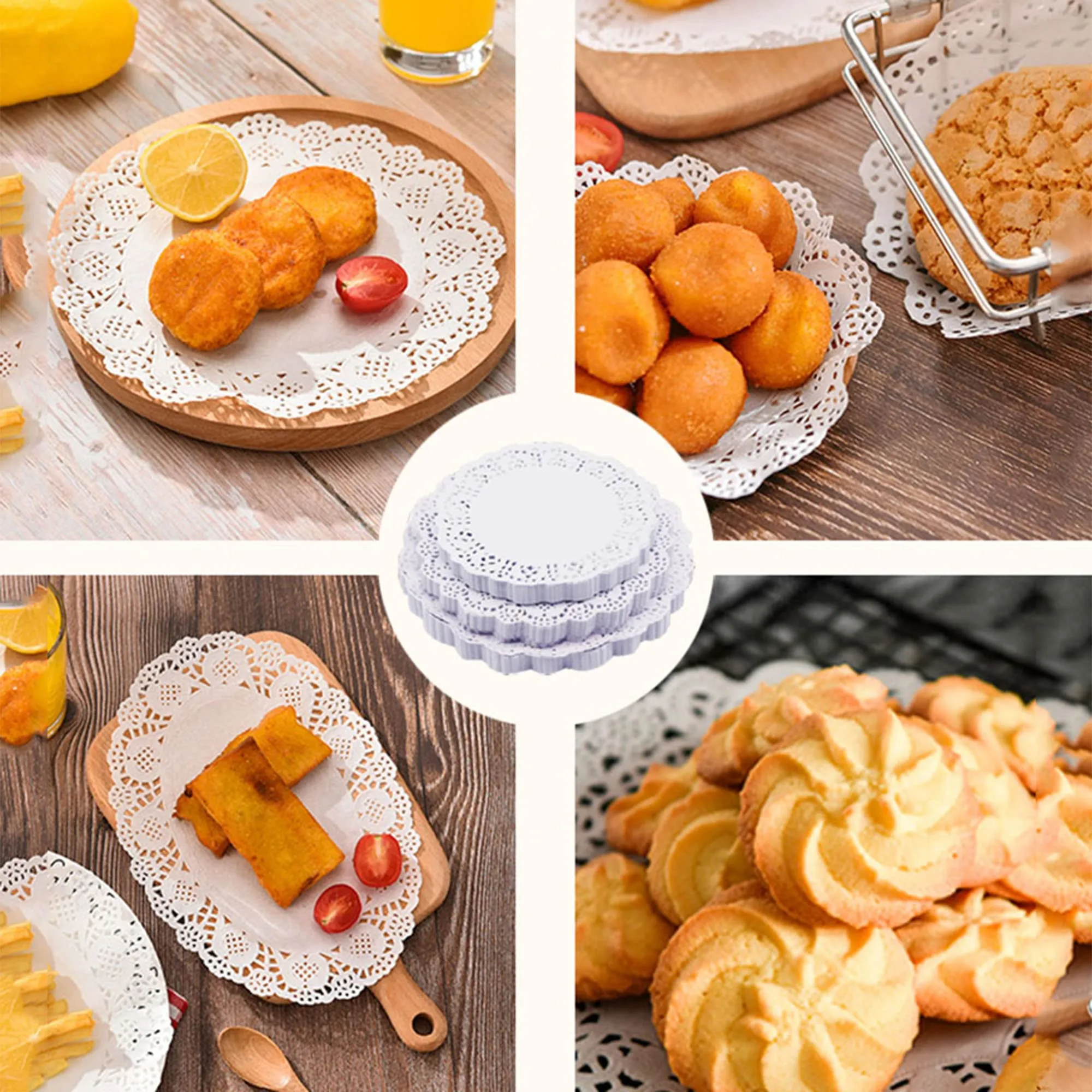 DXIA Carta in pizzo bianca rotonda per torte, 300 pezzi, 3 misure (4,5 pollici, 6,5 pollici, 8,5 pollici) - immagine 4