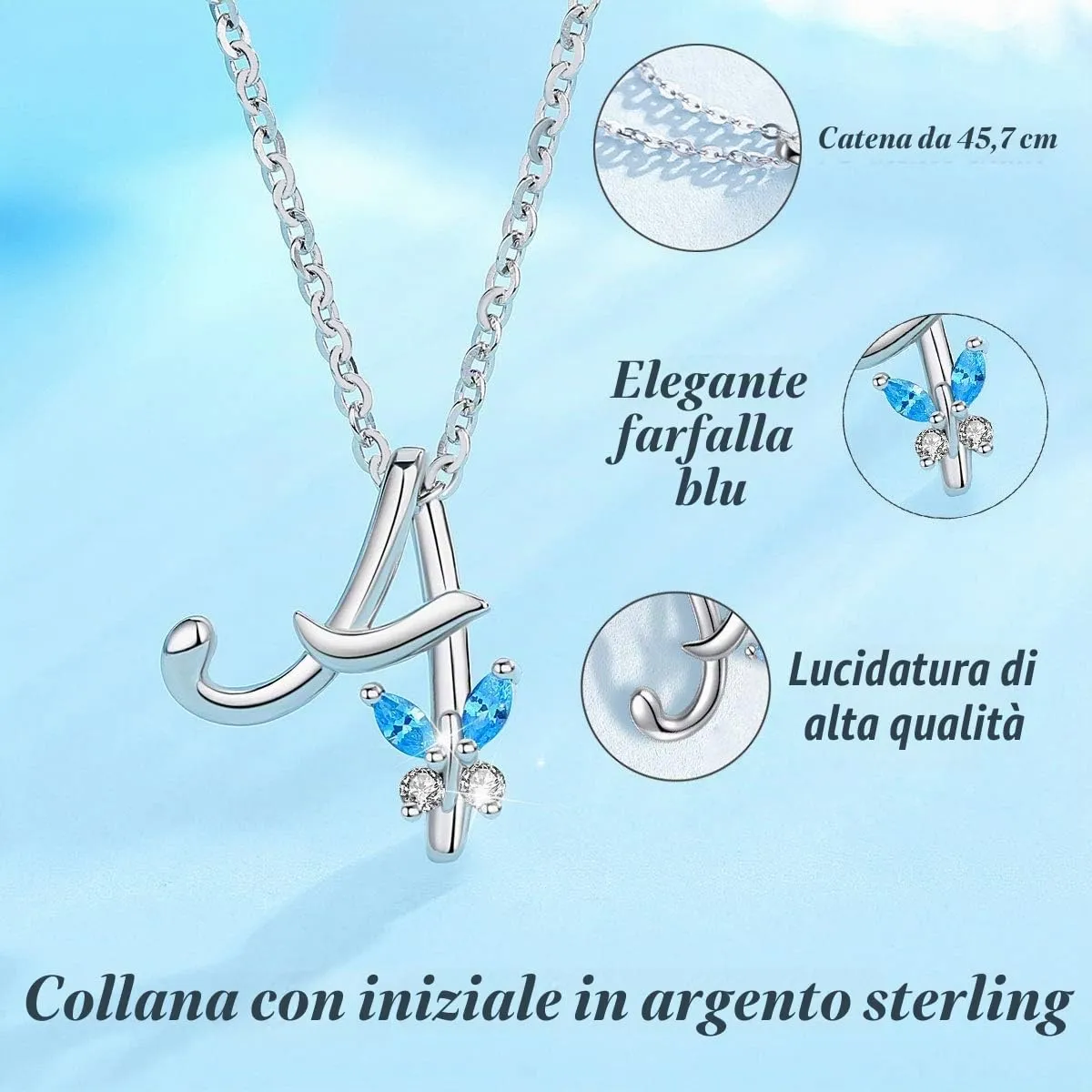 EUDORA Harmony Ball Collana a Farfalla con Iniziale in Argento Sterling 925 e Zirconi Blu, 45 cm - immagine 3