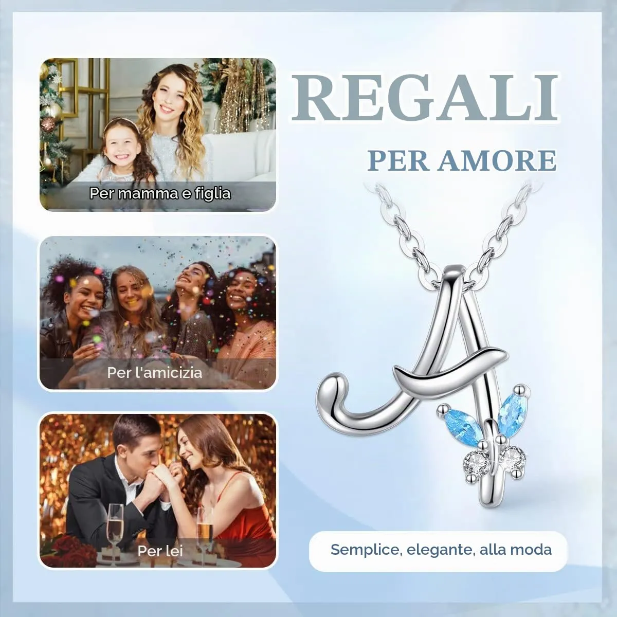 EUDORA Harmony Ball Collana a Farfalla con Iniziale in Argento Sterling 925 e Zirconi Blu, 45 cm - immagine 4
