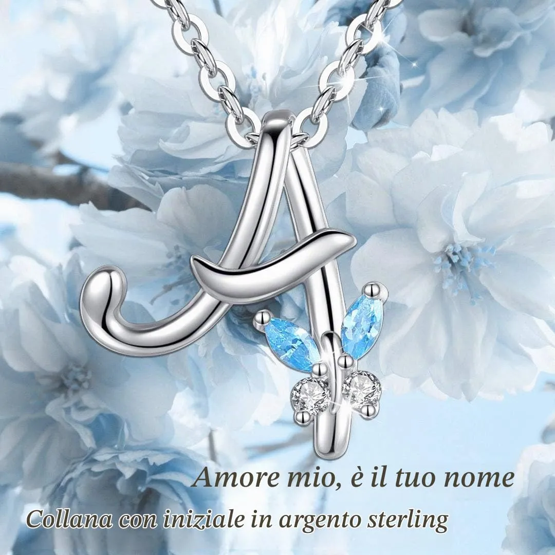 EUDORA Harmony Ball Collana a Farfalla con Iniziale in Argento Sterling 925 e Zirconi Blu, 45 cm - immagine 7