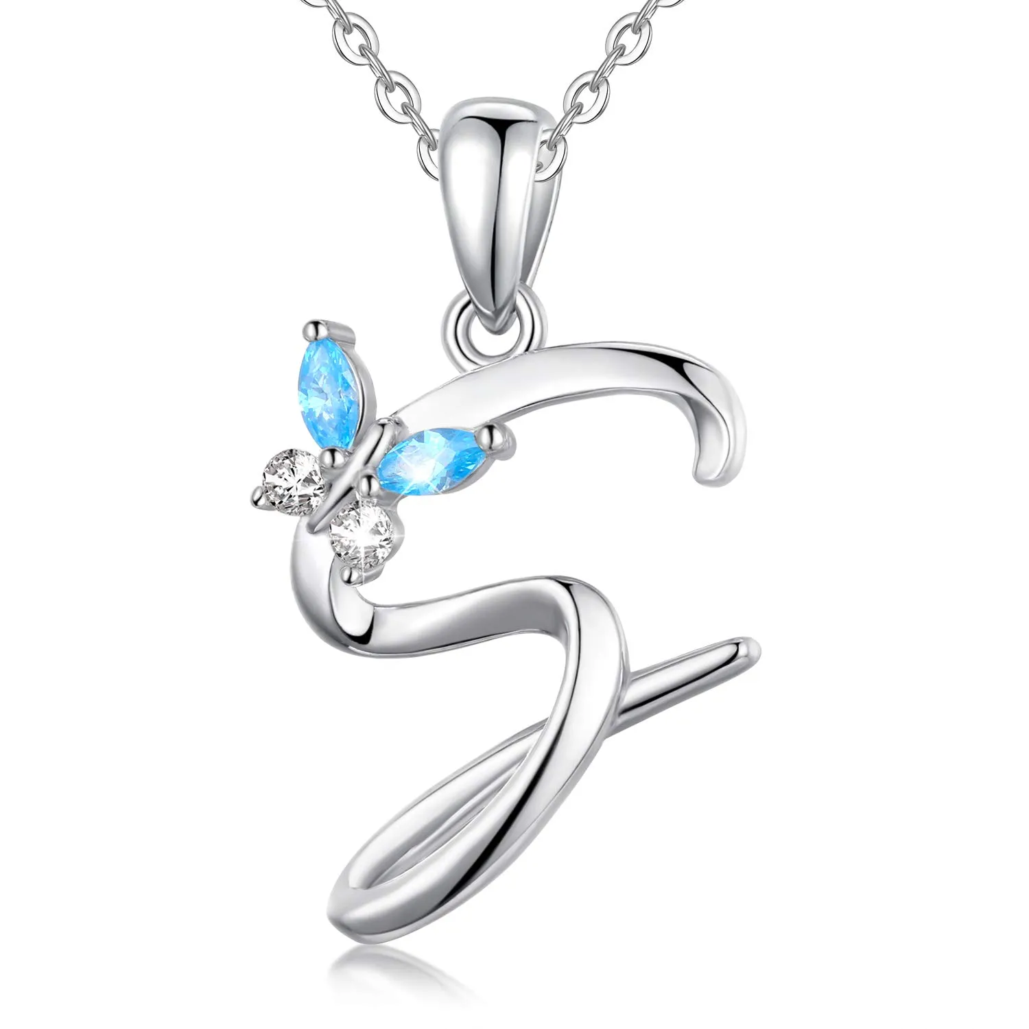 EUDORA Harmony Ball Collana con Iniziale e Farfalla in Argento Sterling, Zirconia Cubica Blu, Catena 45cm - immagine 1