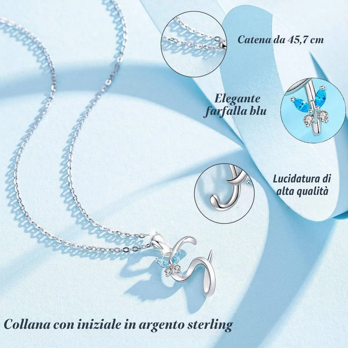 EUDORA Harmony Ball Collana con Iniziale e Farfalla in Argento Sterling, Zirconia Cubica Blu, Catena 45cm - immagine 2