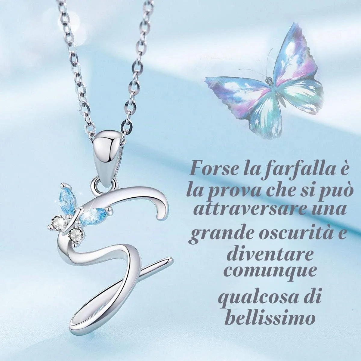 EUDORA Harmony Ball Collana con Iniziale e Farfalla in Argento Sterling, Zirconia Cubica Blu, Catena 45cm - immagine 3