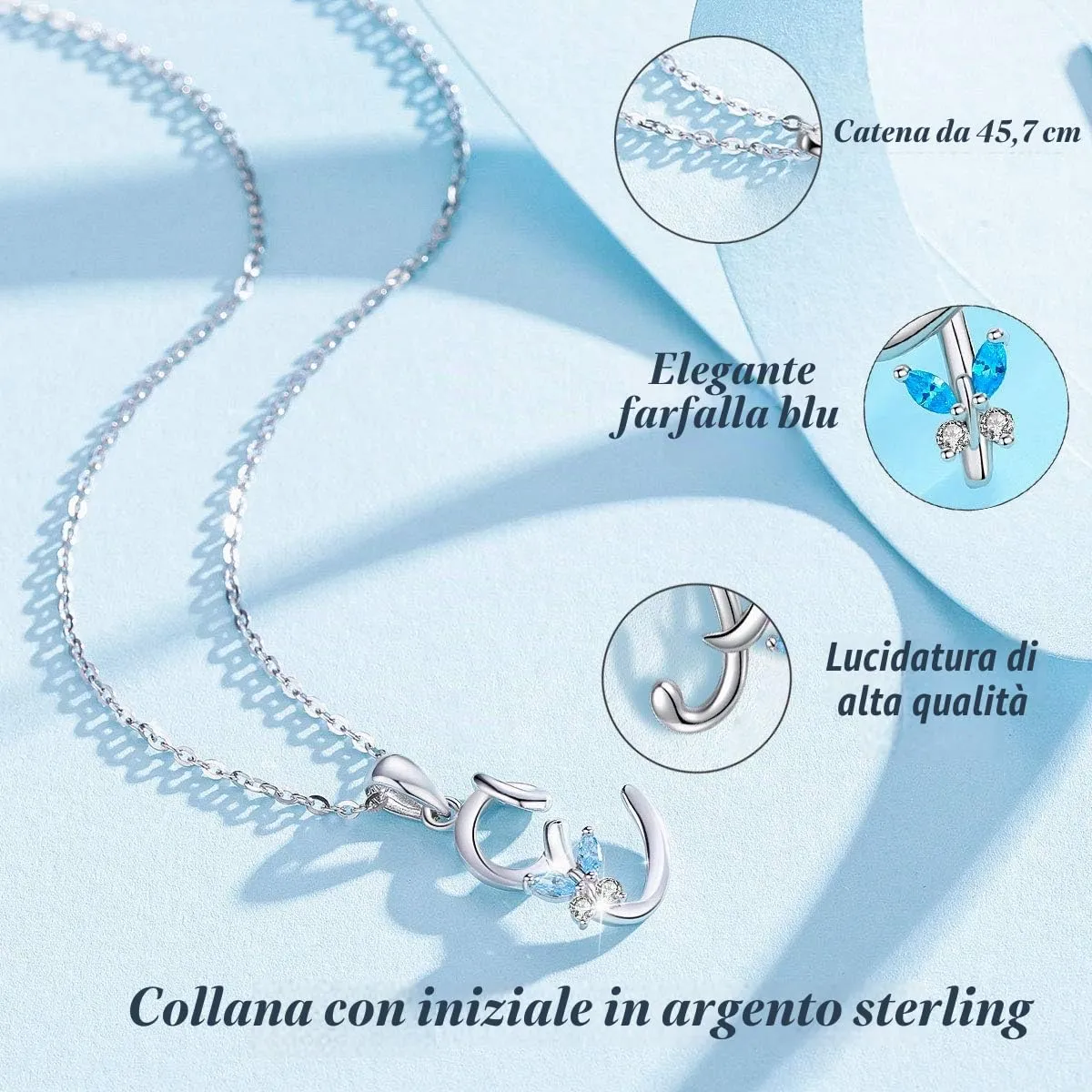 EUDORA Collana a Farfalla con Iniziale in Argento Sterling 925 e Zirconi Blu, Catena da 45 cm - immagine 2