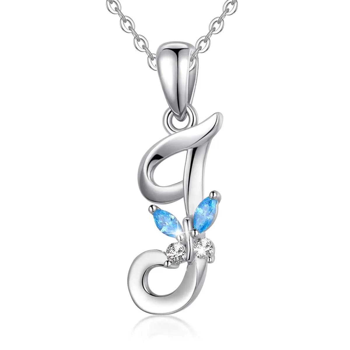 EUDORA Collana a farfalla con iniziale J in argento sterling 925 e zirconi blu, catena da 45 cm - immagine 1