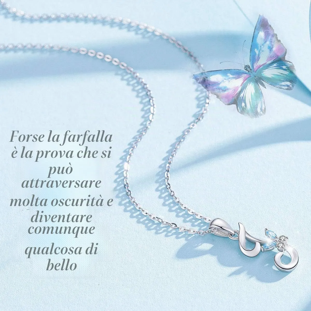EUDORA Collana a farfalla con iniziale J in argento sterling 925 e zirconi blu, catena da 45 cm - immagine 2