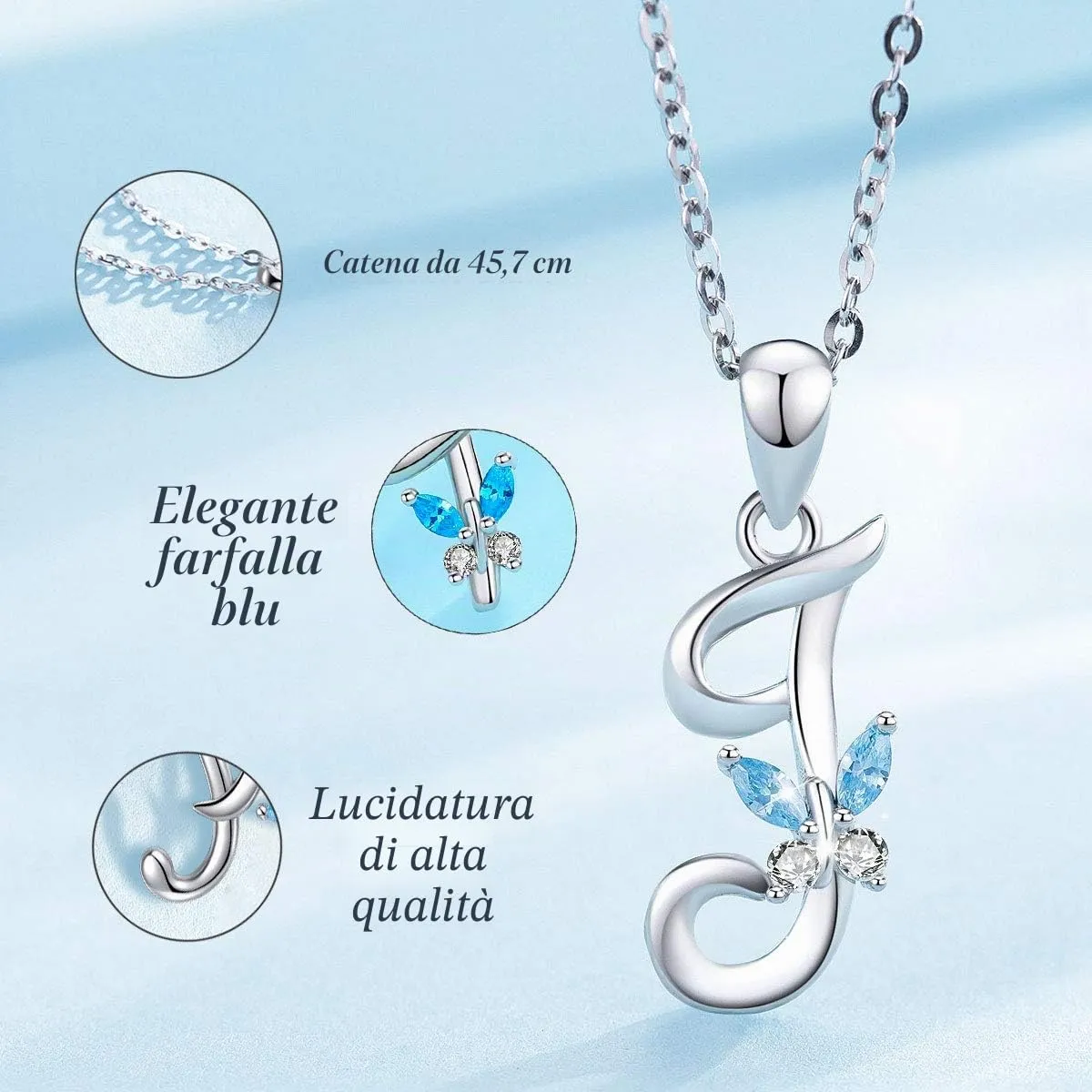 EUDORA Collana a farfalla con iniziale J in argento sterling 925 e zirconi blu, catena da 45 cm - immagine 3