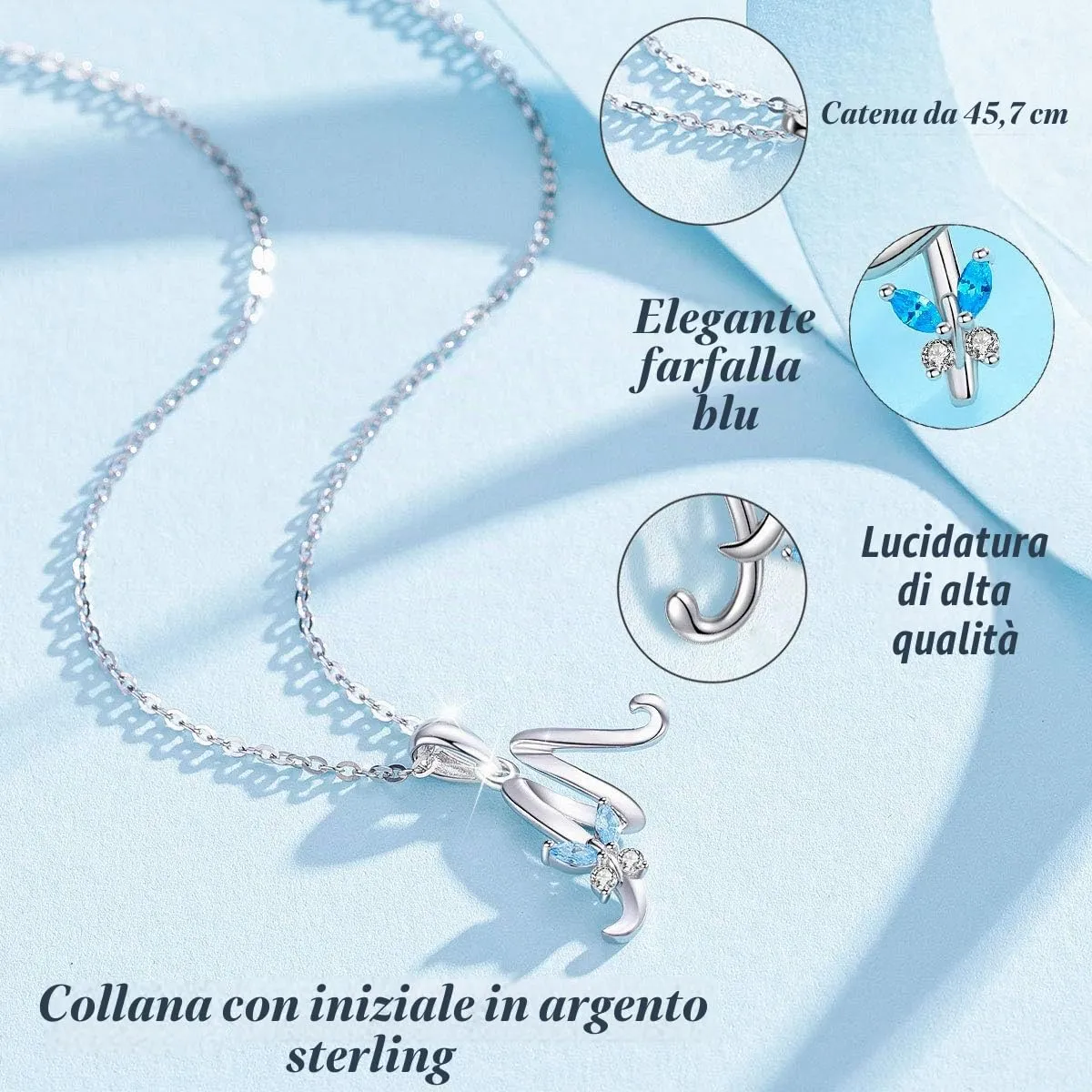 EUDORA Collana Farfalla Iniziale in Argento Sterling 925 con Zirconi Blu, 45 cm - immagine 2