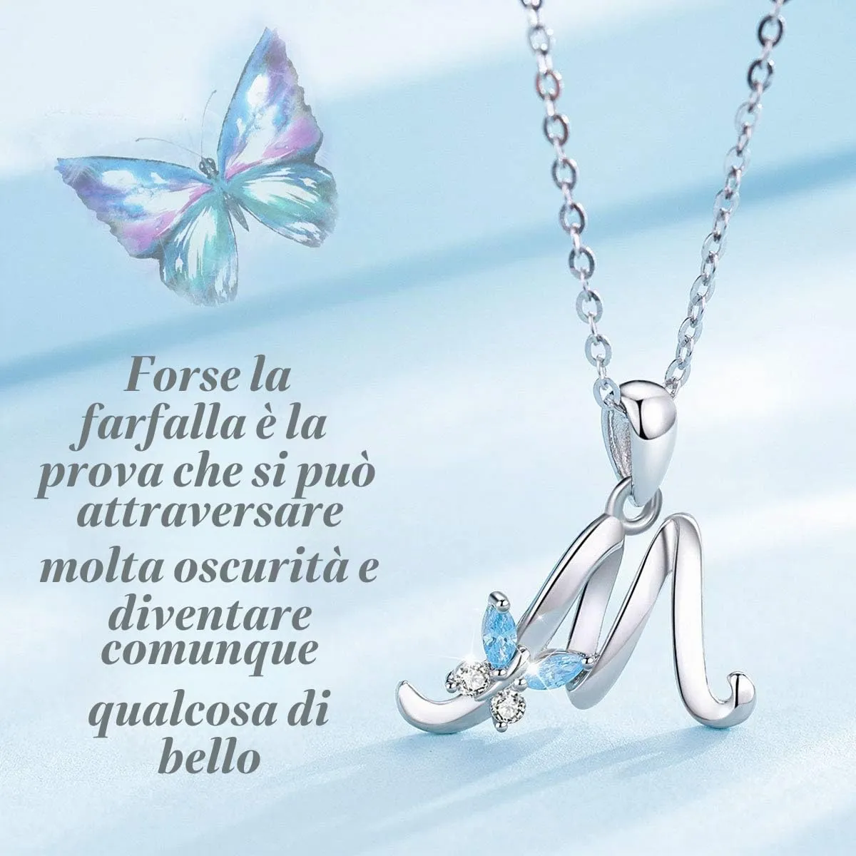 EUDORA Collana Farfalla Iniziale in Argento Sterling 925 con Zirconi Blu, 45 cm - immagine 3