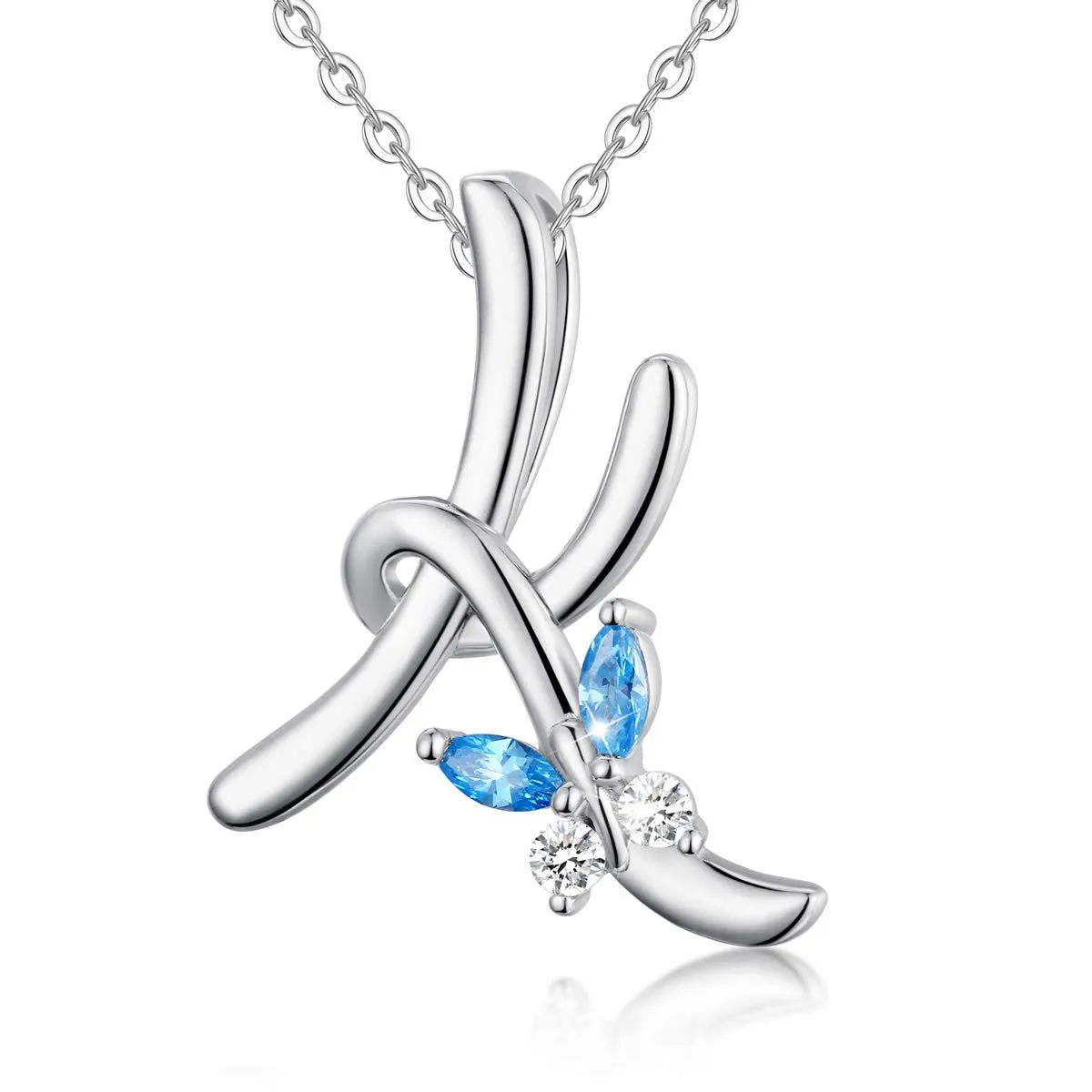 EUDORA Collana a farfalla con iniziale in argento sterling 925 e zirconi blu, catena da 45 cm - immagine 1