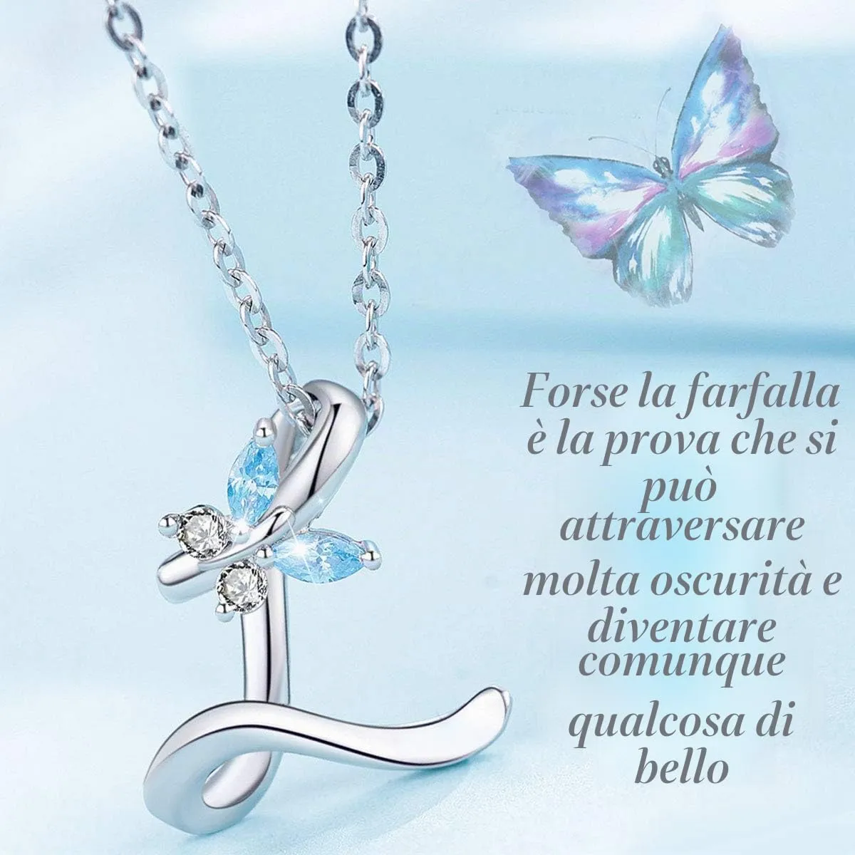 EUDORA Harmony Ball Collana a Farfalla con Iniziale in Argento Sterling 925 e Zirconi Blu, Catena da 45 cm - immagine 3