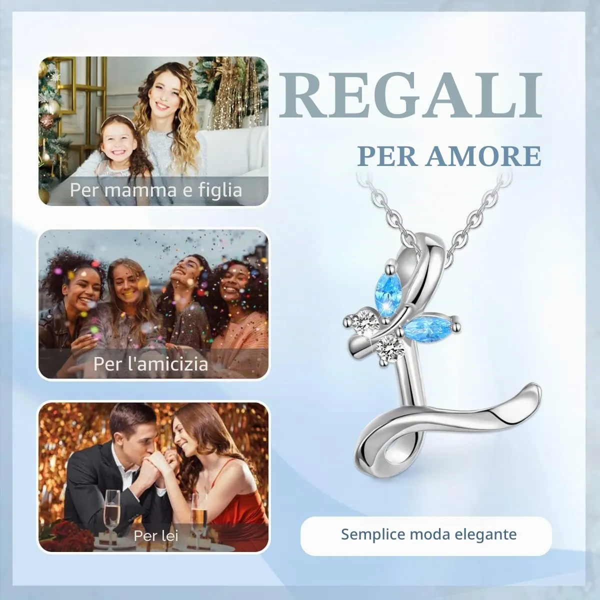 EUDORA Harmony Ball Collana a Farfalla con Iniziale in Argento Sterling 925 e Zirconi Blu, Catena da 45 cm - immagine 4