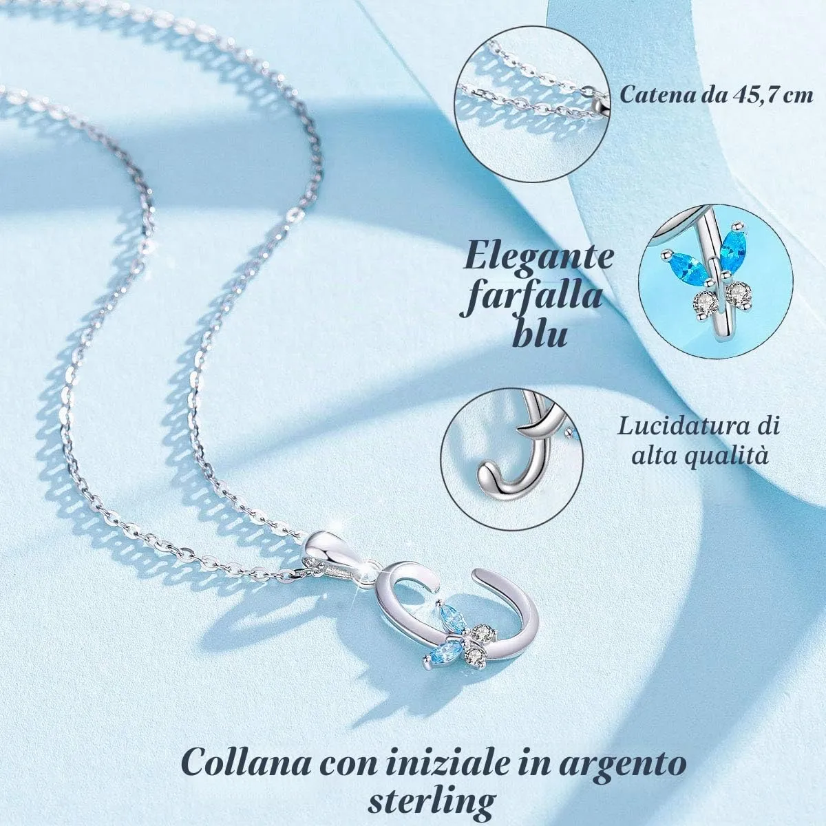 EUDORA Collana a farfalla con iniziale in argento sterling 925 e zirconi blu, catena da 45 cm - immagine 2