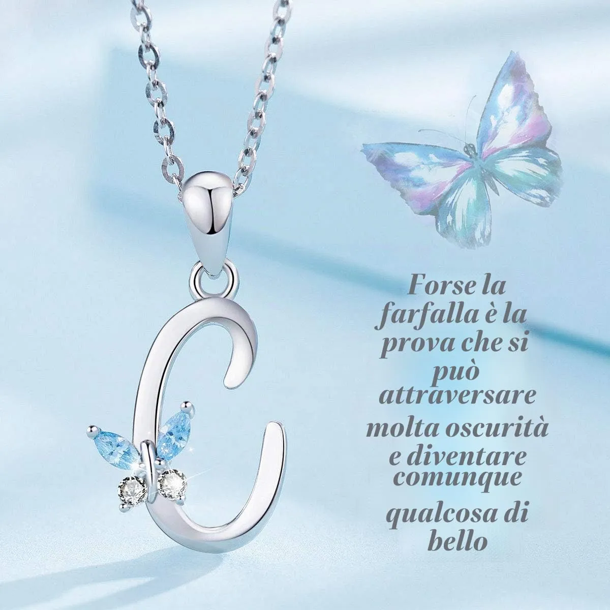 EUDORA Collana a farfalla con iniziale in argento sterling 925 e zirconi blu, catena da 45 cm - immagine 3