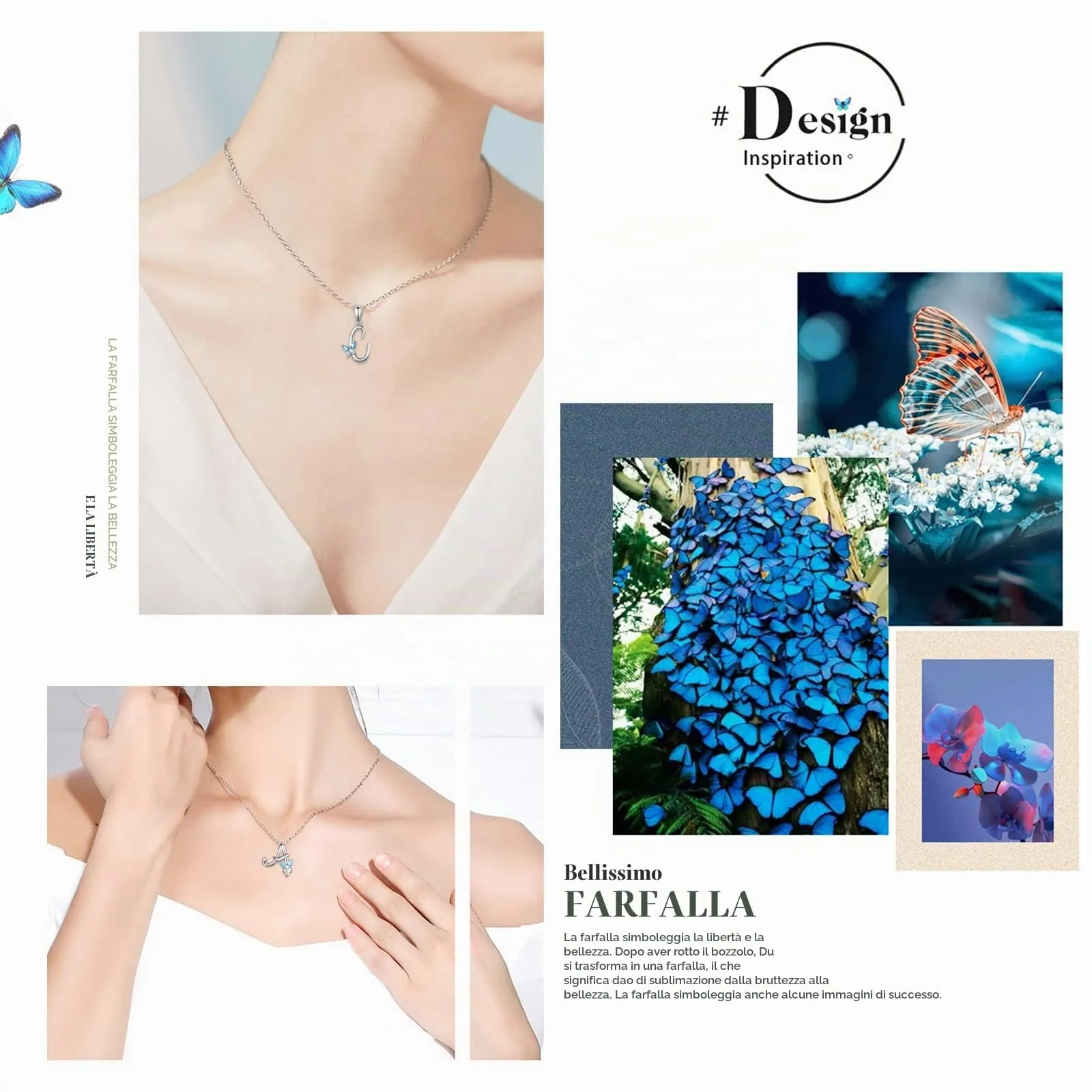 EUDORA Collana a farfalla con iniziale in argento sterling 925 e zirconi blu, catena da 45 cm - immagine 5