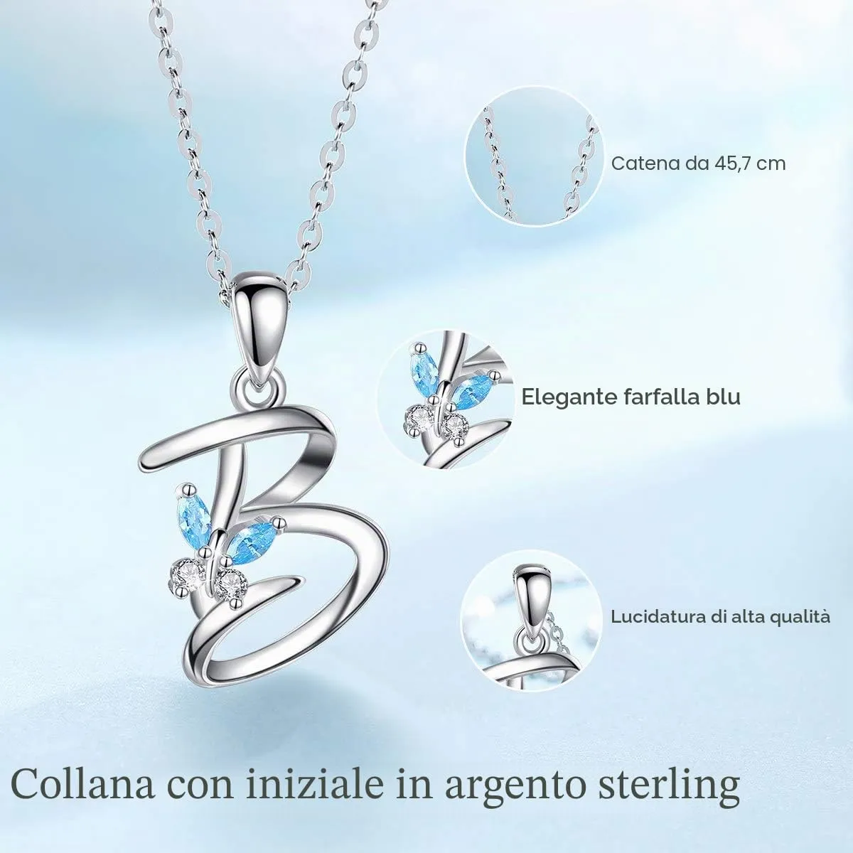 EUDORA Harmony Ball Collana Iniziale Alfabeto in Argento Sterling 925 con Ciondolo a Farfalla, 45 cm - immagine 3