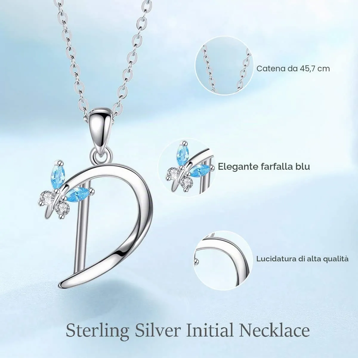 EUDORA Collana Iniziale Alfabeto in Argento Sterling 925 con Ciondolo a Lettera e Farfalla, Catena da 45 cm - immagine 3