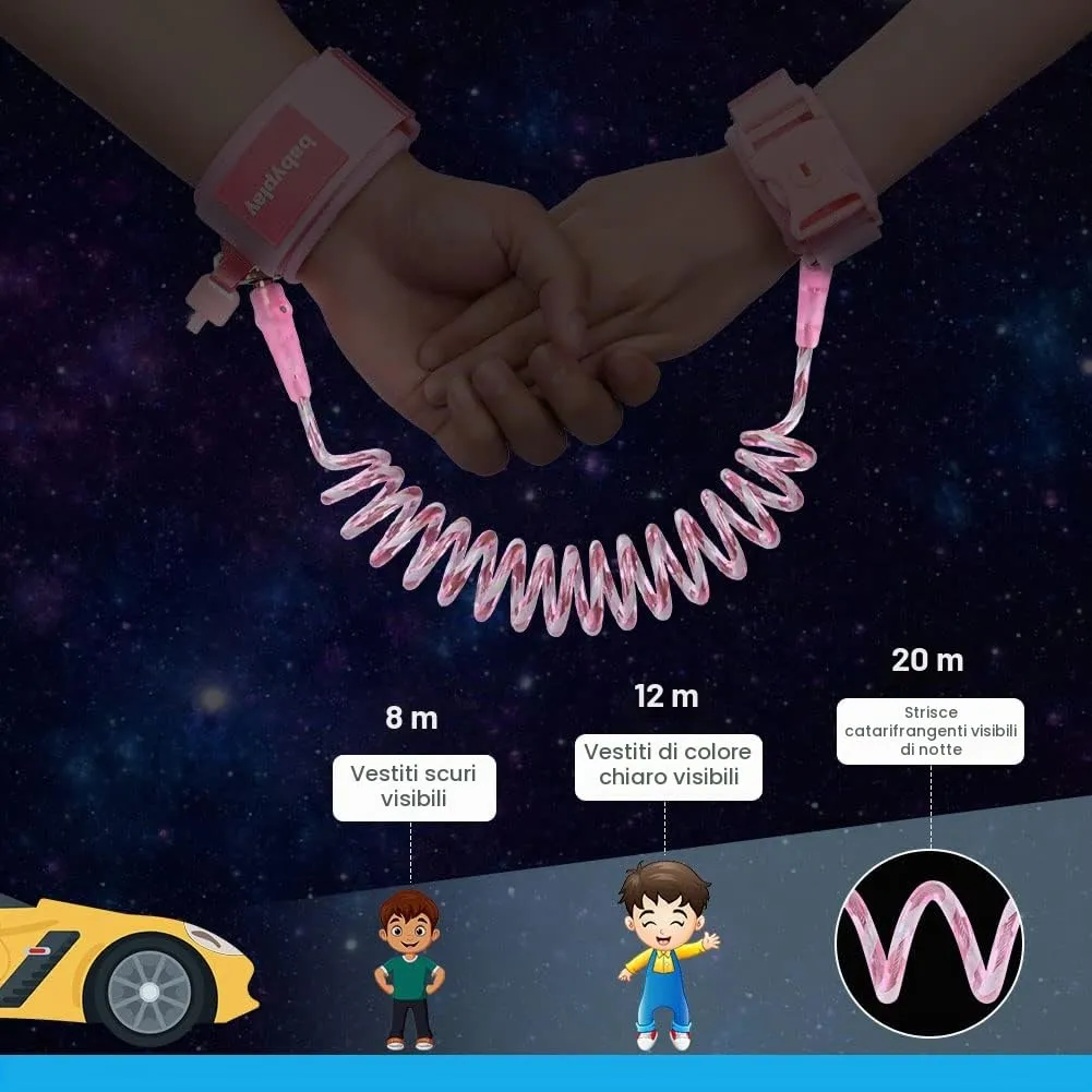 Aomig Bracciale di Sicurezza per Bambini, Guinzaglio da Polso Riflettente Regolabile 1.5m, Anti-smarrimento Girevole a 360°, Rosa - immagine 4