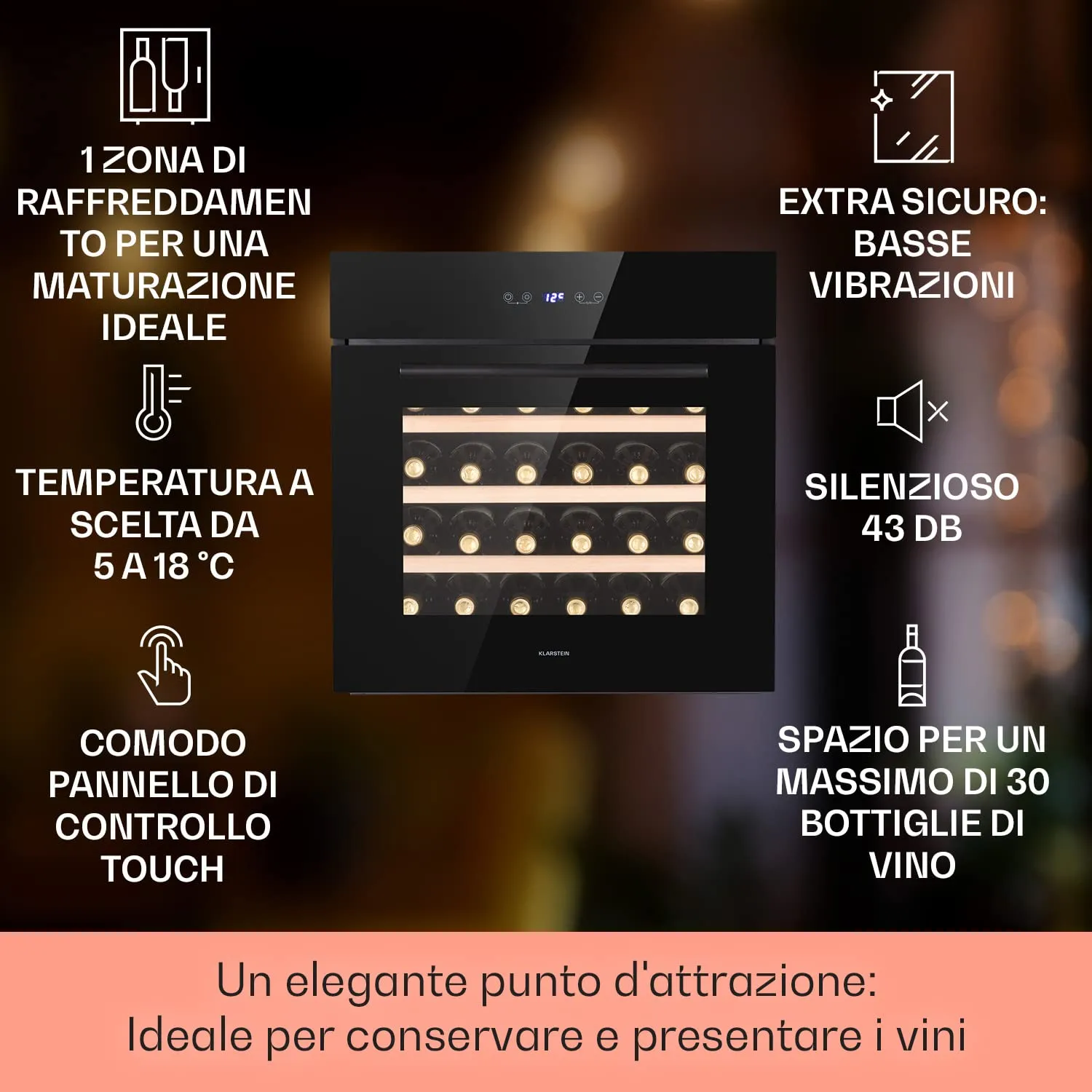 Klarstein Cantinetta Vino a Zona Singola, Protezione UV, Touch Control 5-10°C, 30 Bottiglie - immagine 2
