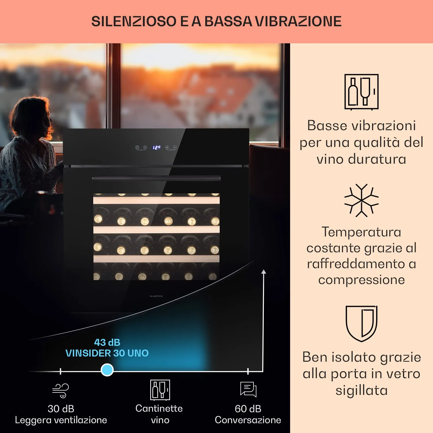 Klarstein Cantinetta Vino a Zona Singola, Protezione UV, Touch Control 5-10°C, 30 Bottiglie - immagine 4