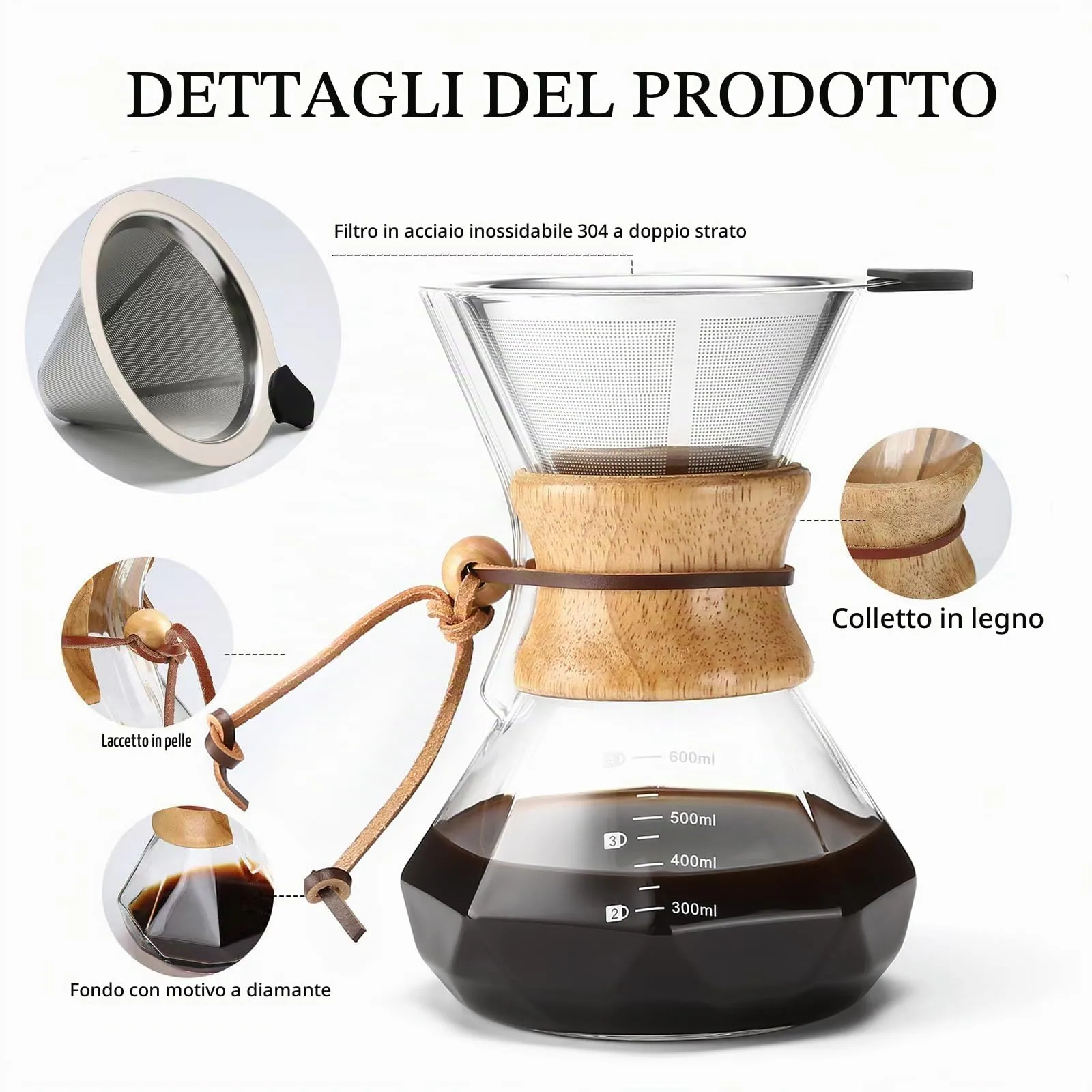 Lalord Caffettiera Pour Over con Filtro Riutilizzabile in Acciaio Inossidabile, Vetro Borosilicato e Collare in Legno, 600 ml - immagine 3