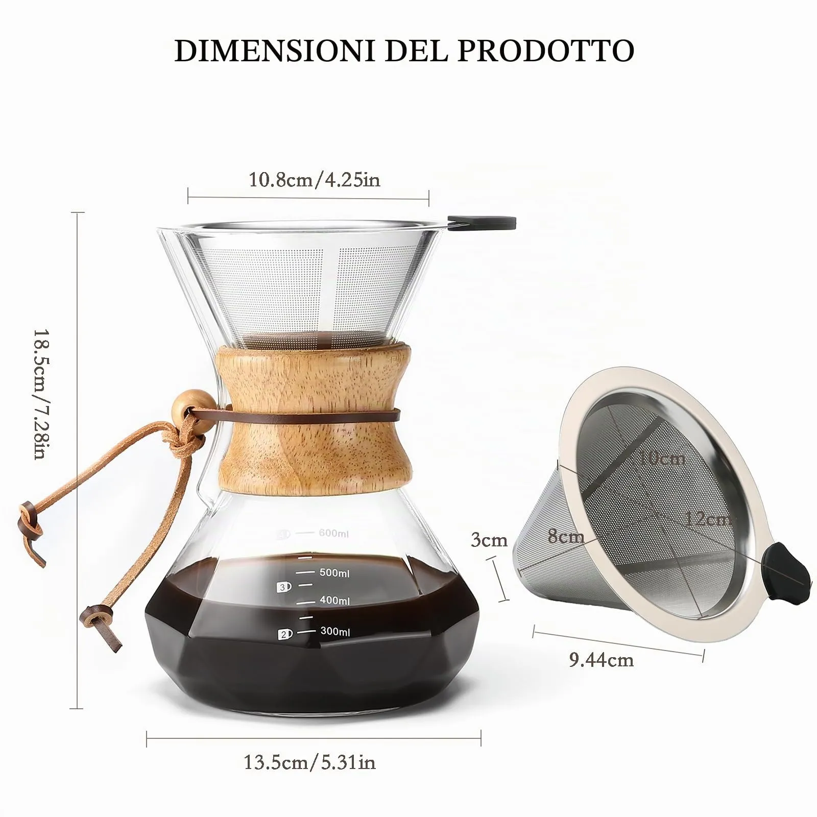 Lalord Caffettiera Pour Over con Filtro Riutilizzabile in Acciaio Inossidabile, Vetro Borosilicato e Collare in Legno, 600 ml - immagine 4