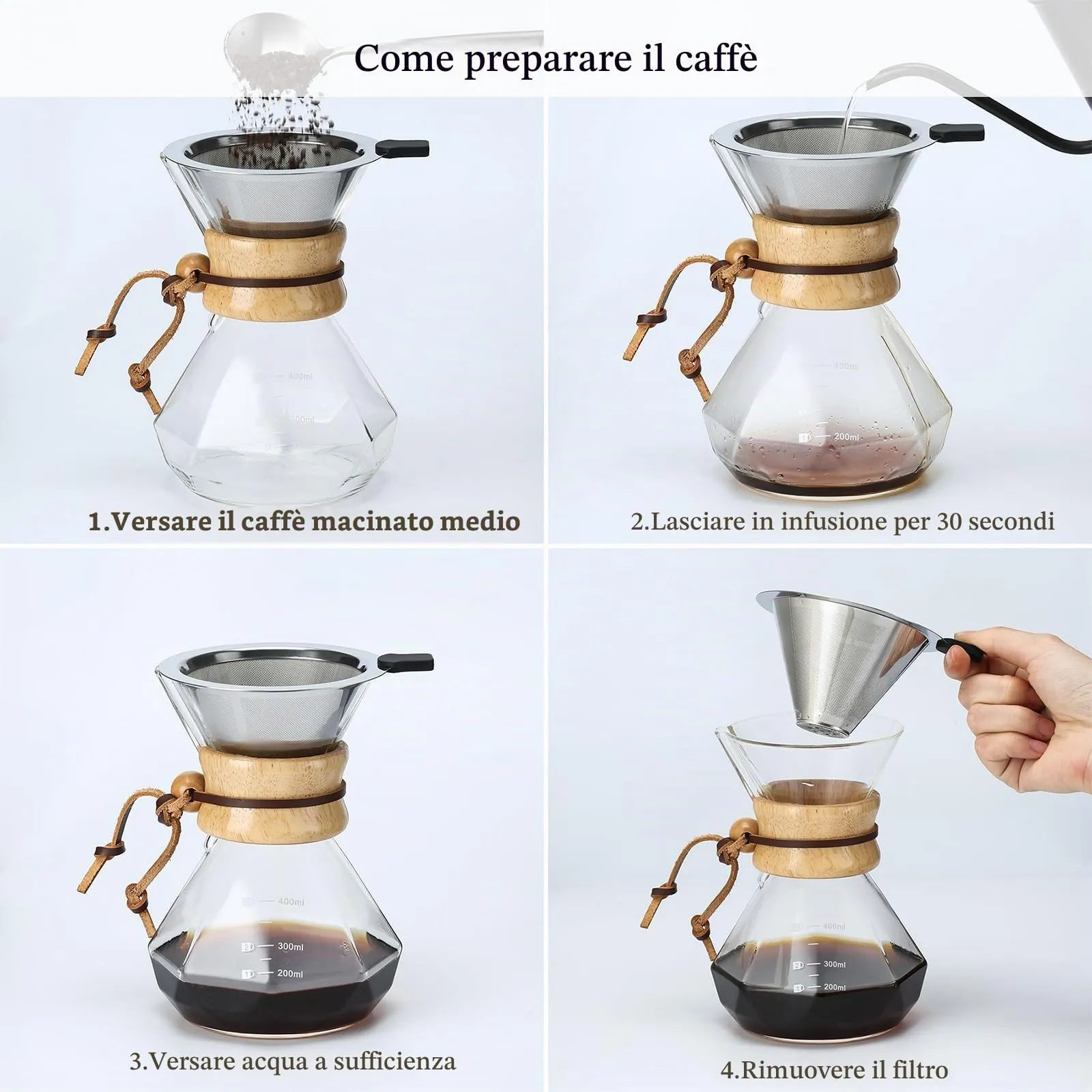 Lalord Caffettiera Pour Over con Filtro Riutilizzabile in Acciaio Inossidabile, Vetro Borosilicato e Collare in Legno, 600 ml - immagine 5